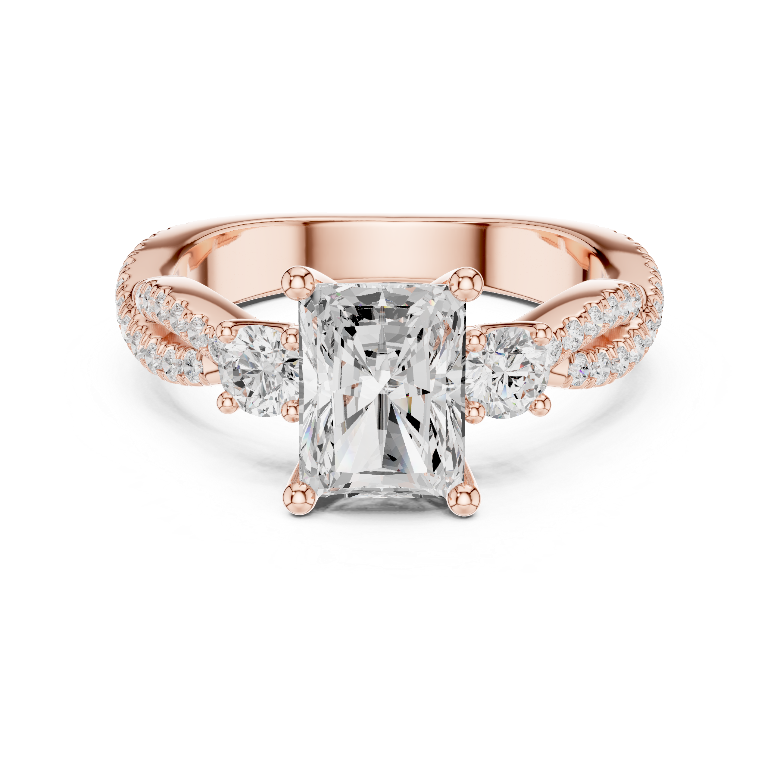 Twisted Pavé Emerald Cut Three Stone Engagement Ring