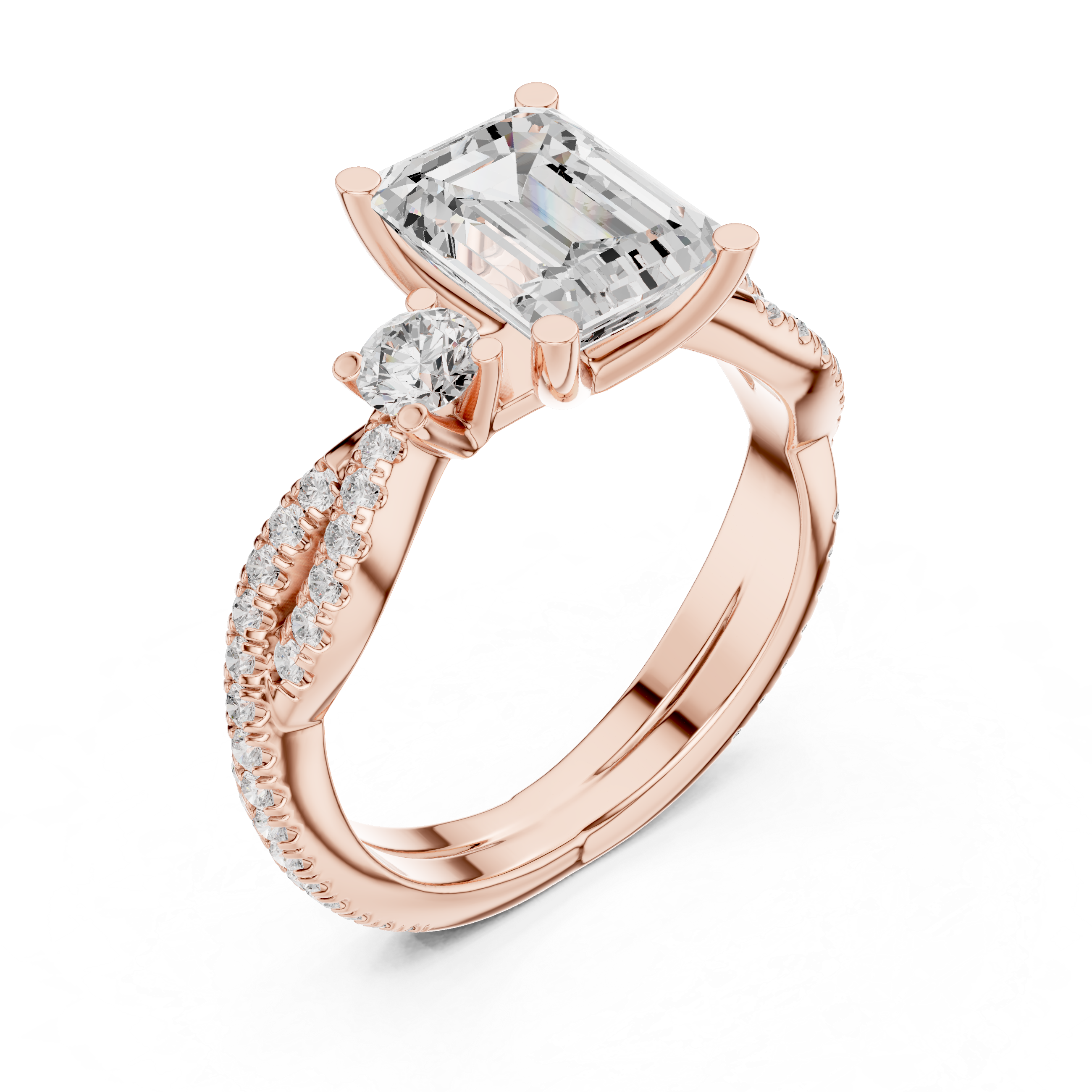 Emerald-Cut Three-Stone Engagement Ring with Twisted Pavé Band