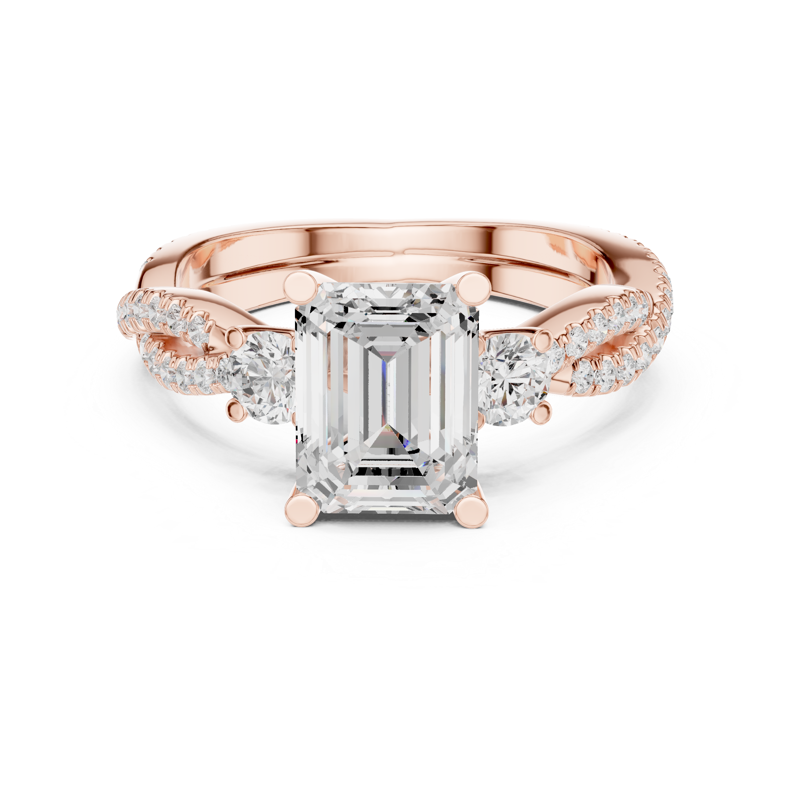Emerald-Cut Three-Stone Engagement Ring with Twisted Pavé Band