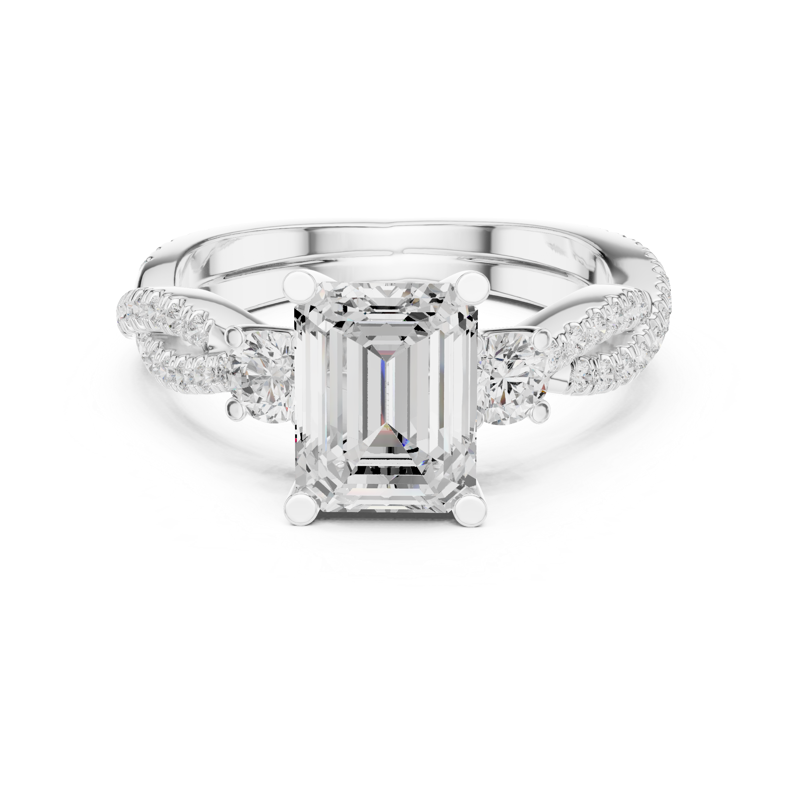 Emerald-Cut Three-Stone Engagement Ring with Twisted Pavé Band