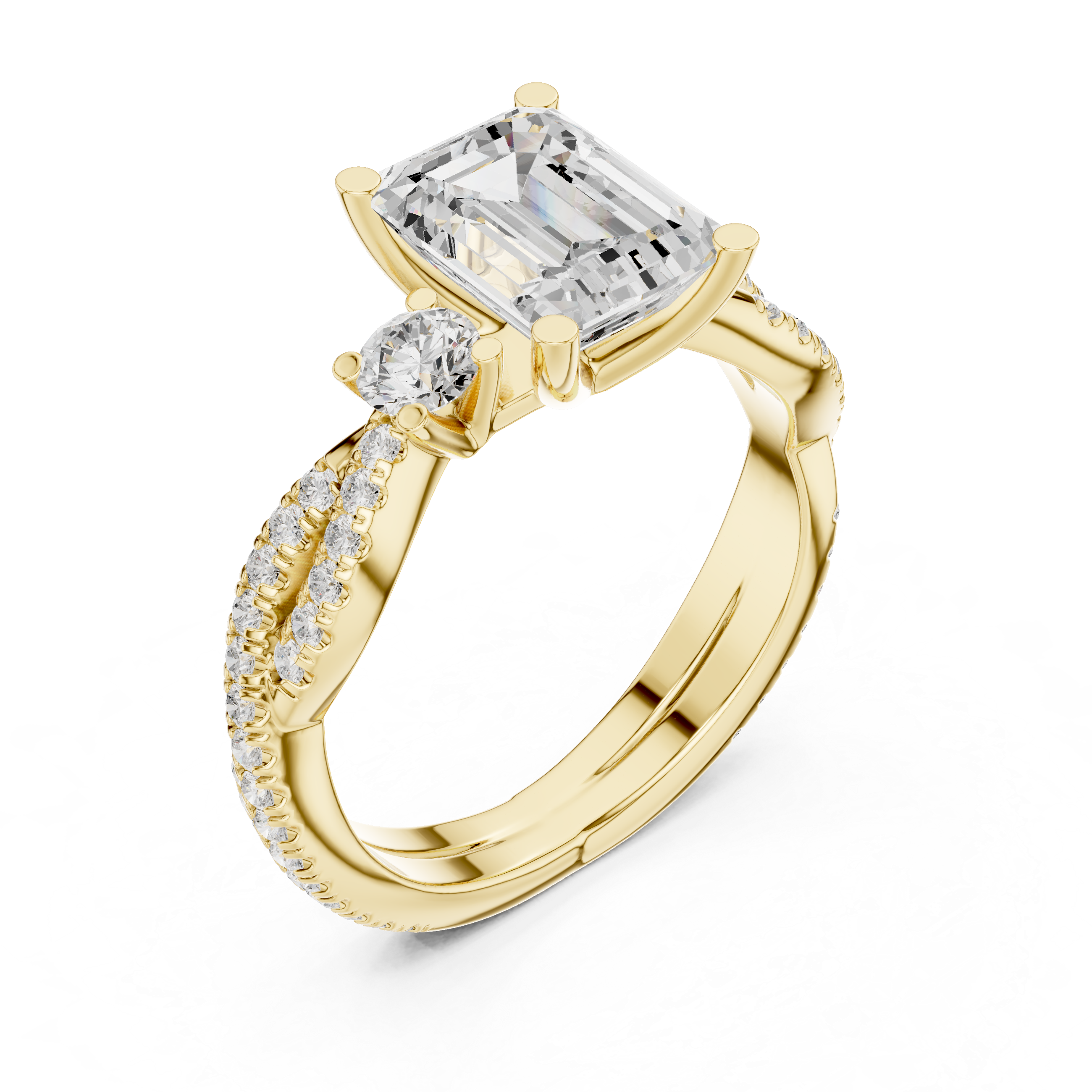 Emerald-Cut Three-Stone Engagement Ring with Twisted Pavé Band