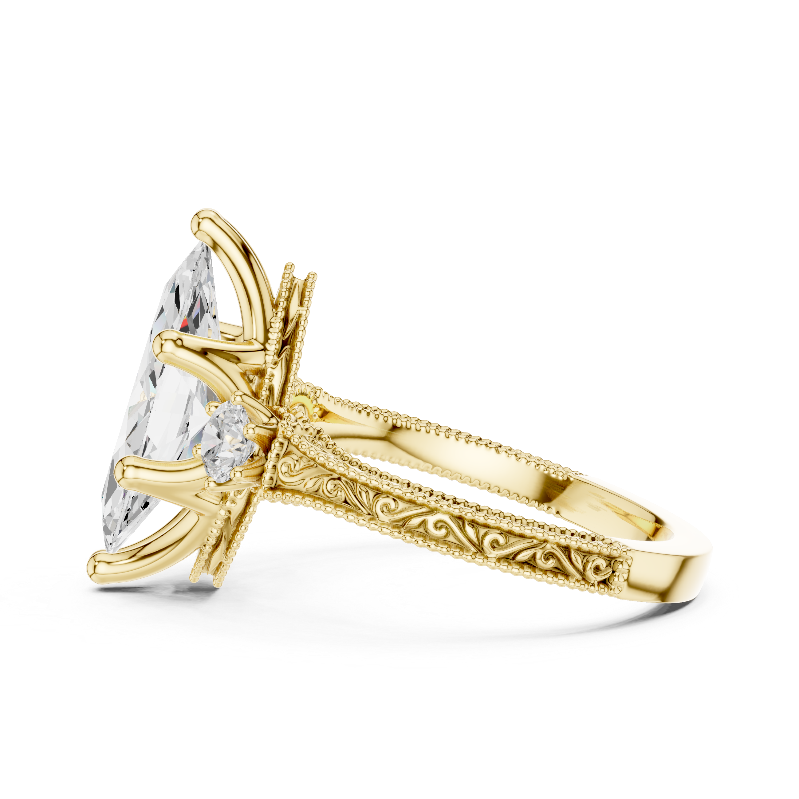 Vintage Marquise Cut Three Stone Engagement Ring with Milgrain Details