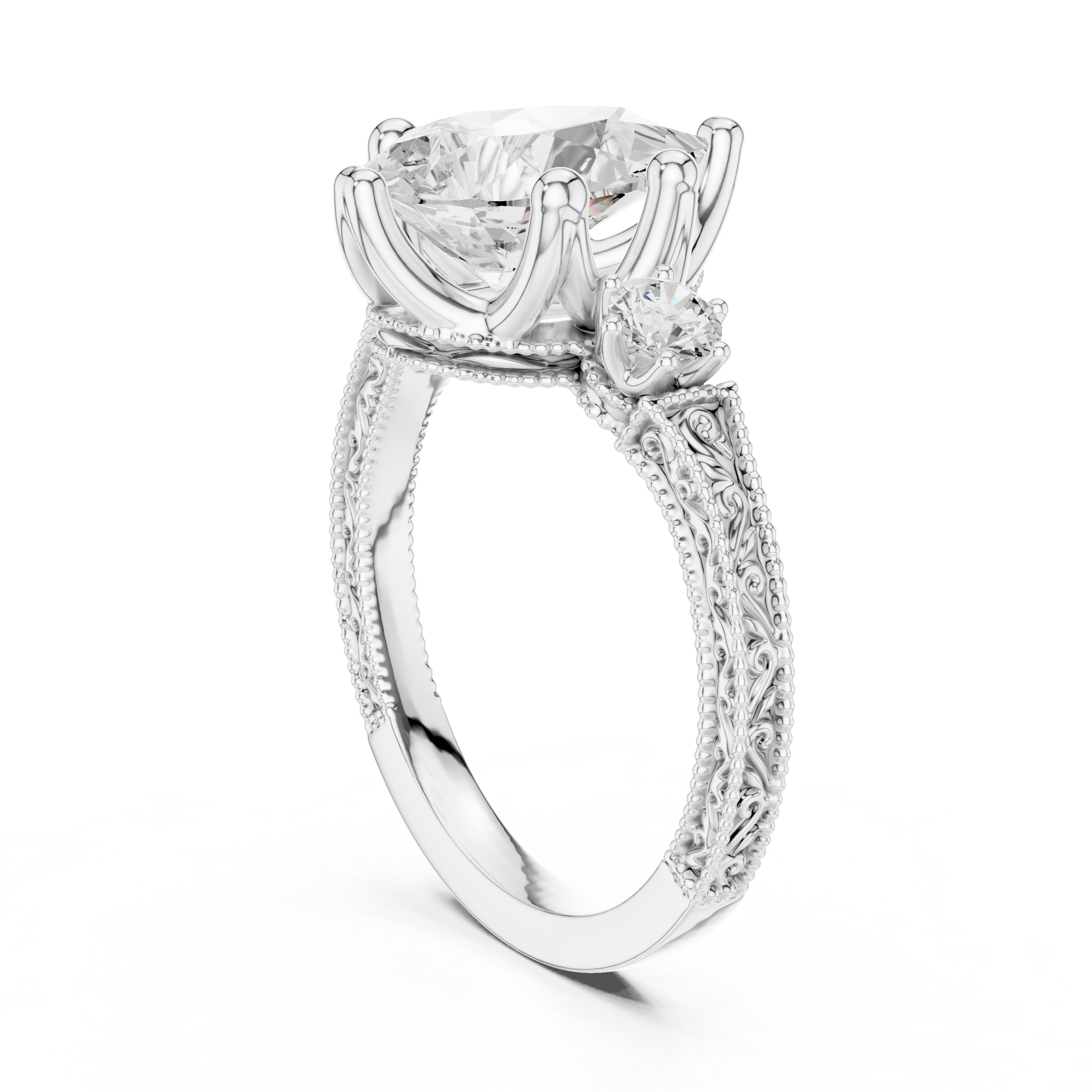 Vintage Pear Cut Three Stone Engagement Ring with Milgrain Detailing