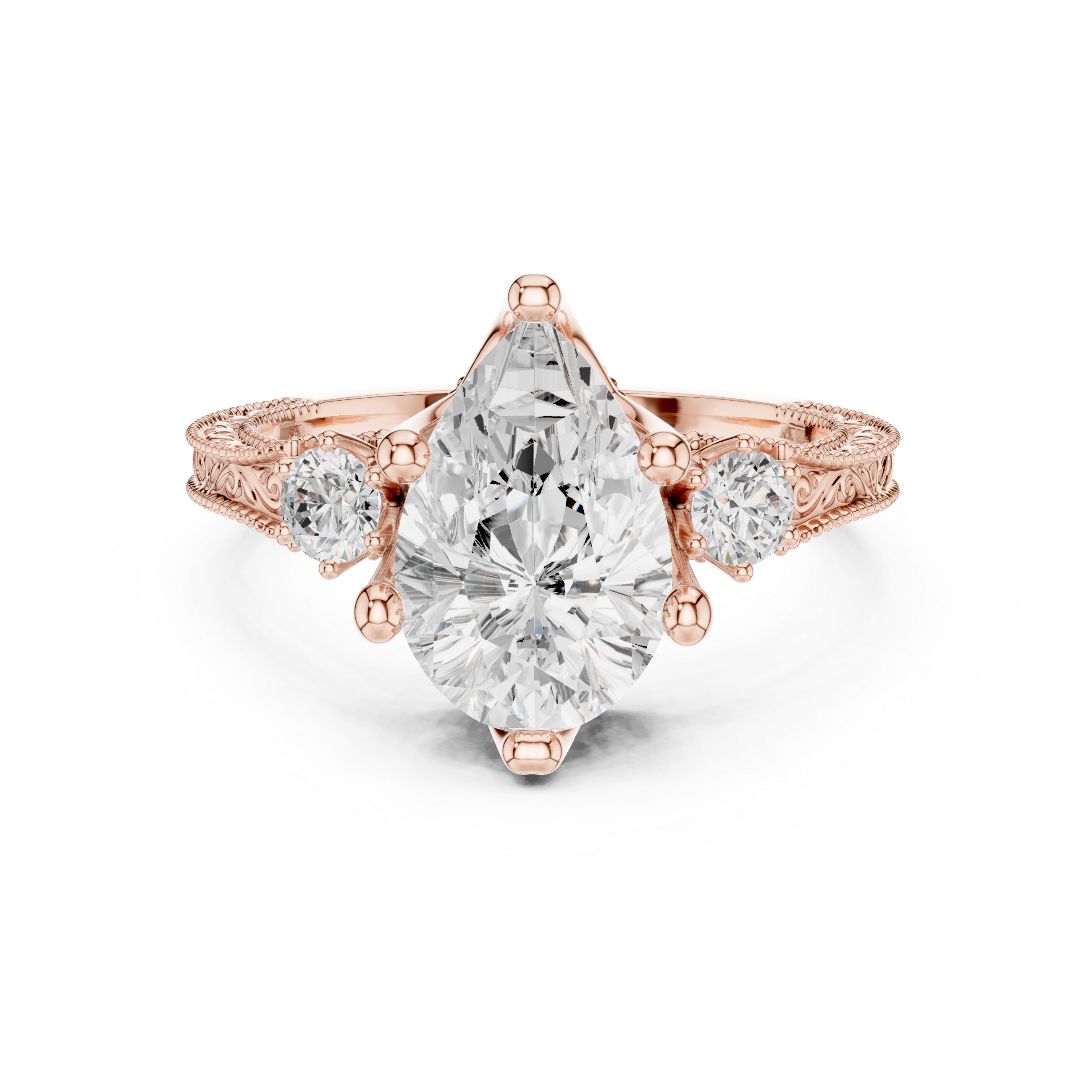 Vintage Pear Cut Three Stone Engagement Ring with Milgrain Detailing