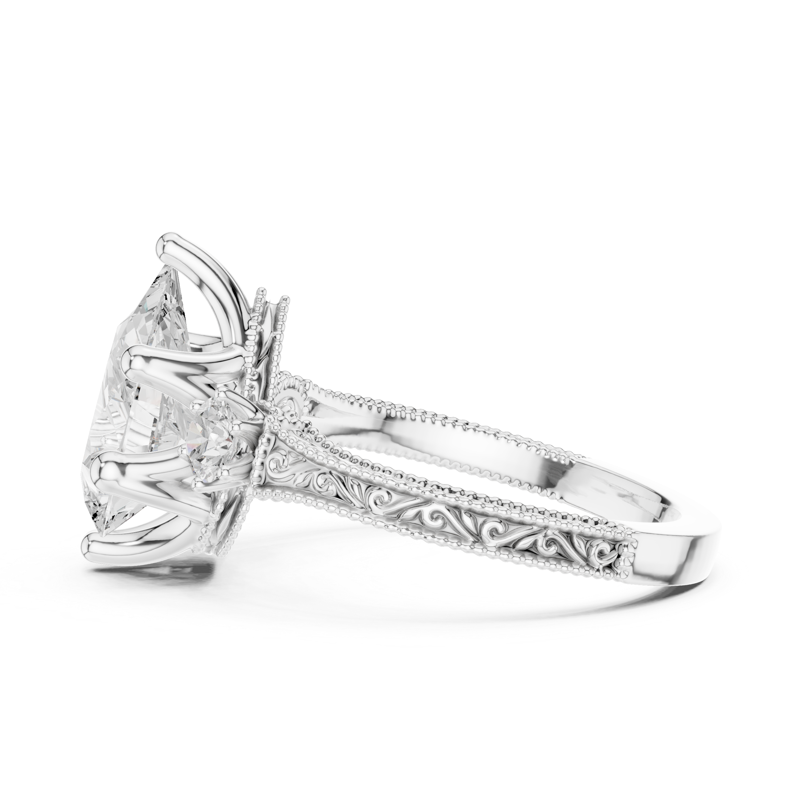 Vintage Pear Cut Three Stone Engagement Ring with Milgrain Detailing
