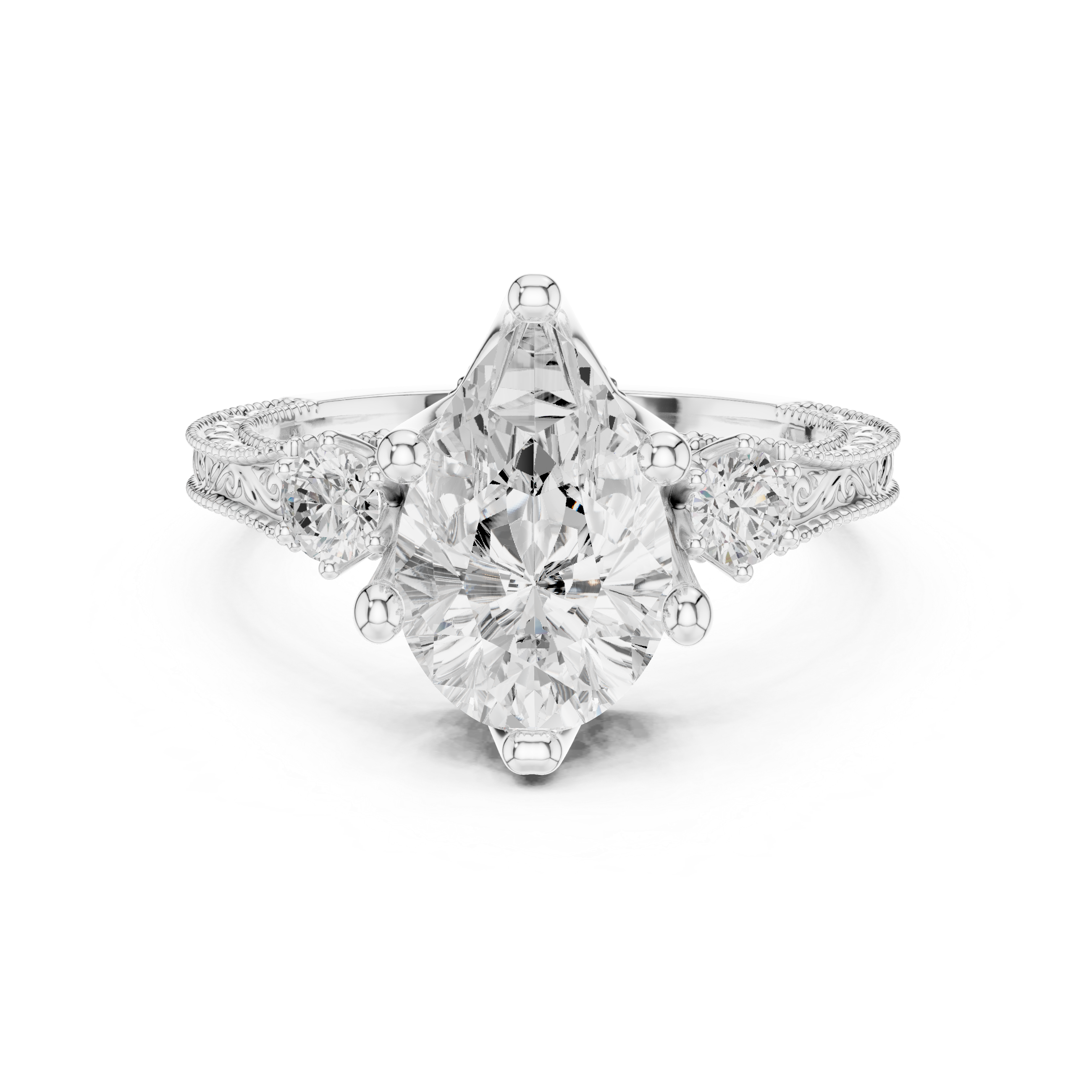 Vintage Pear Cut Three Stone Engagement Ring with Milgrain Detailing