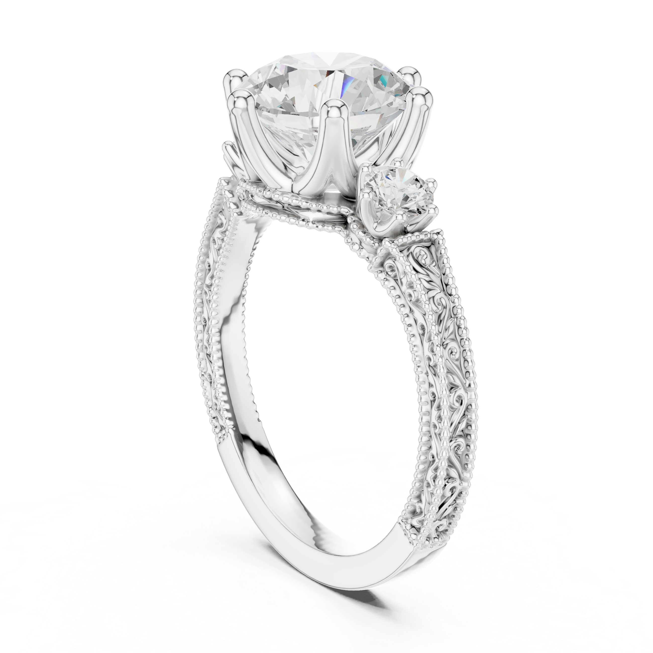 Vintage Round Cut Three Stone Engagement Ring with Milgrain Detailing