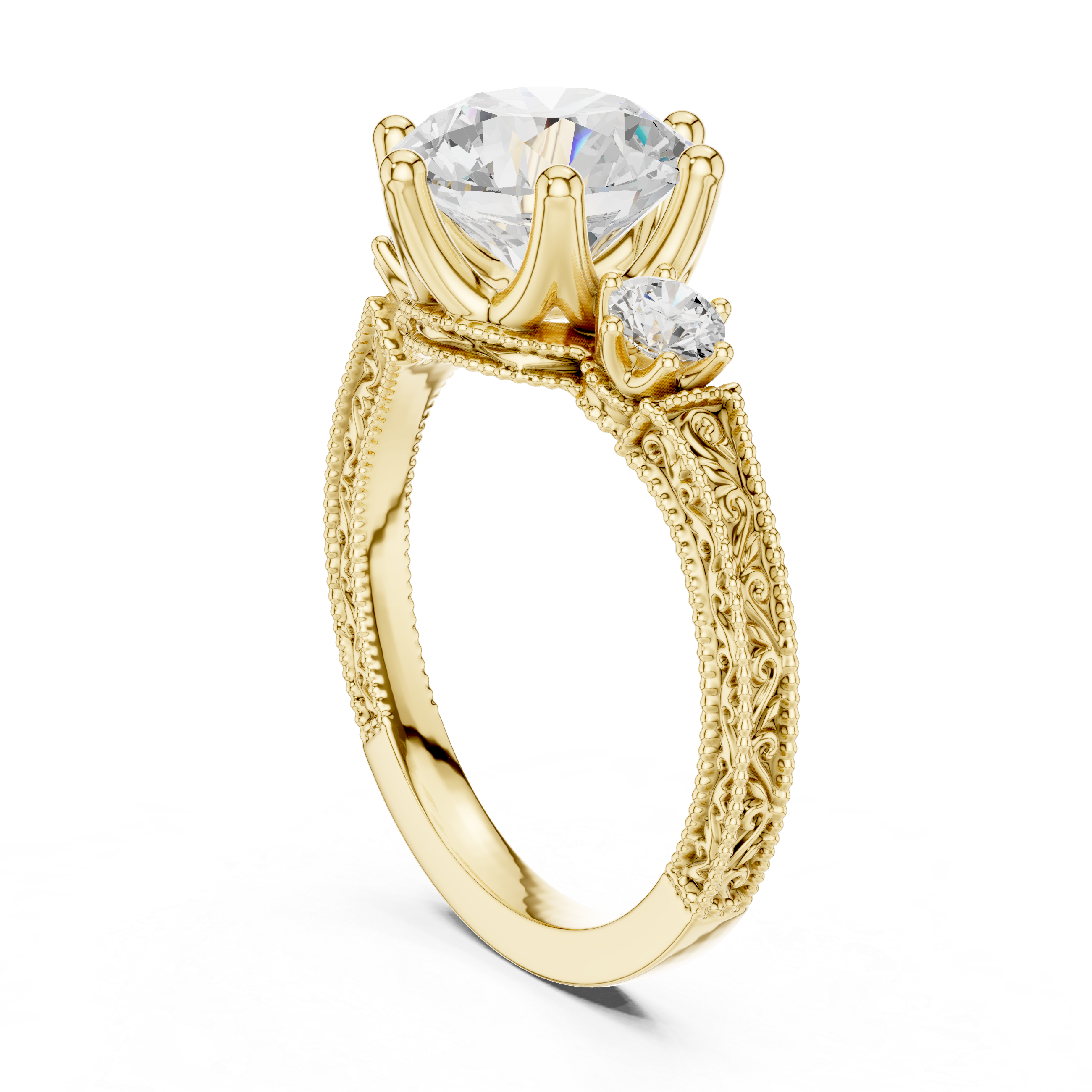 Vintage Round Cut Three Stone Engagement Ring with Milgrain Detailing