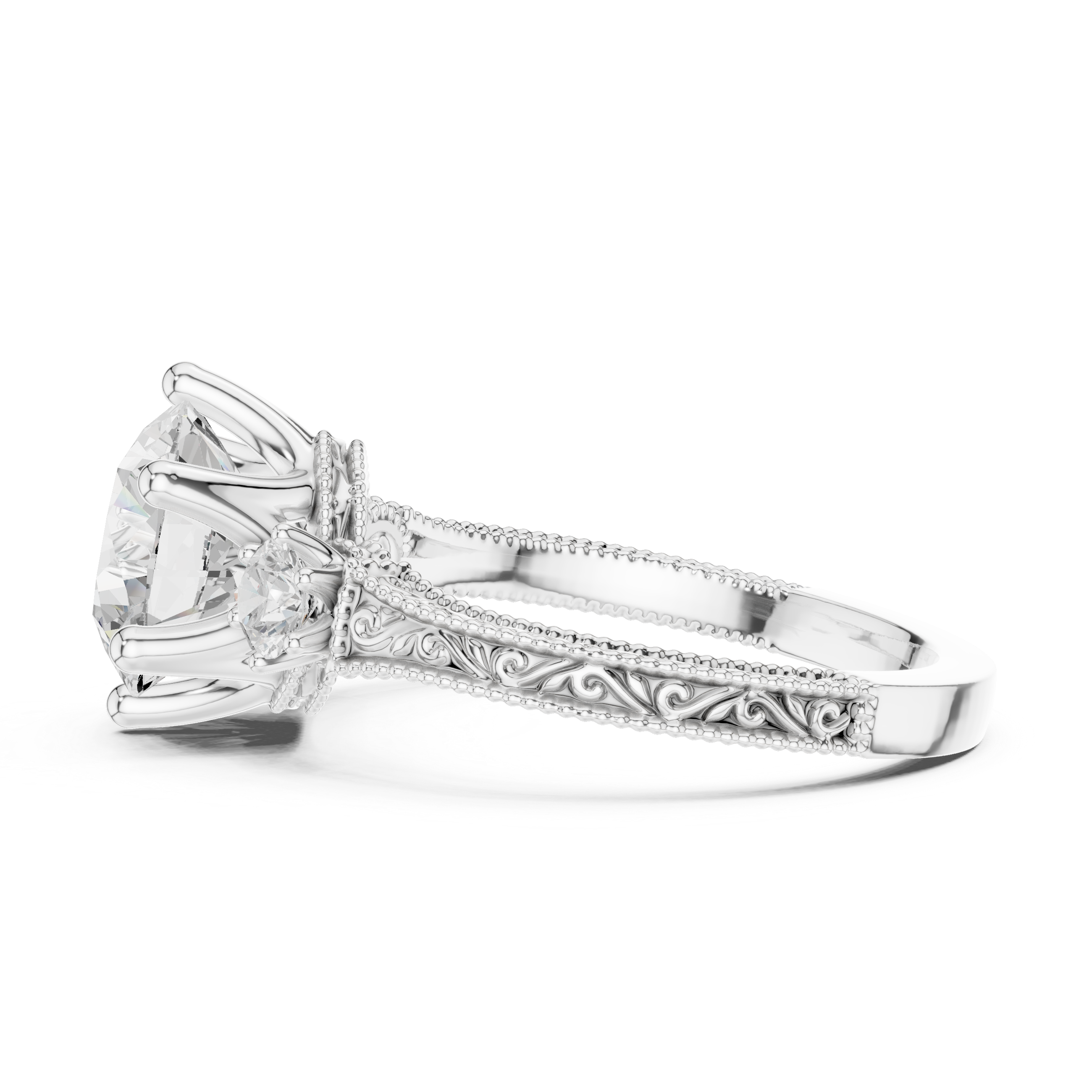 Vintage Round Cut Three Stone Engagement Ring with Milgrain Detailing