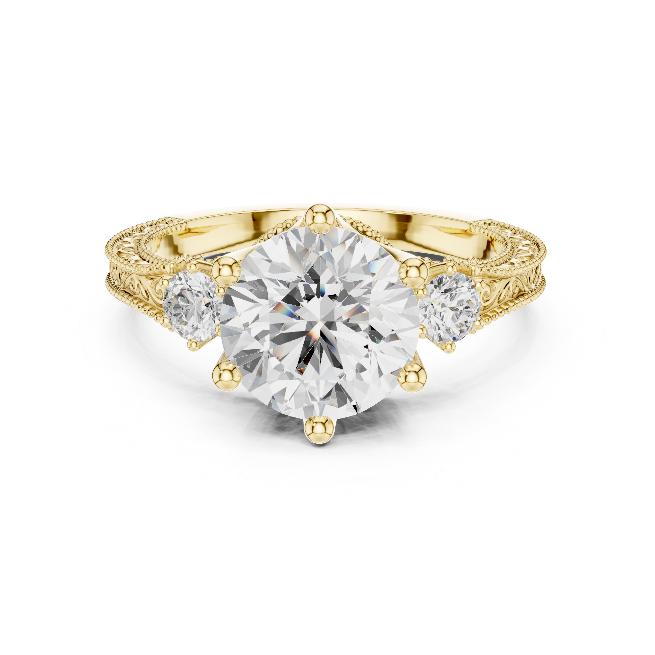 Vintage Round Cut Three Stone Engagement Ring with Milgrain Detailing