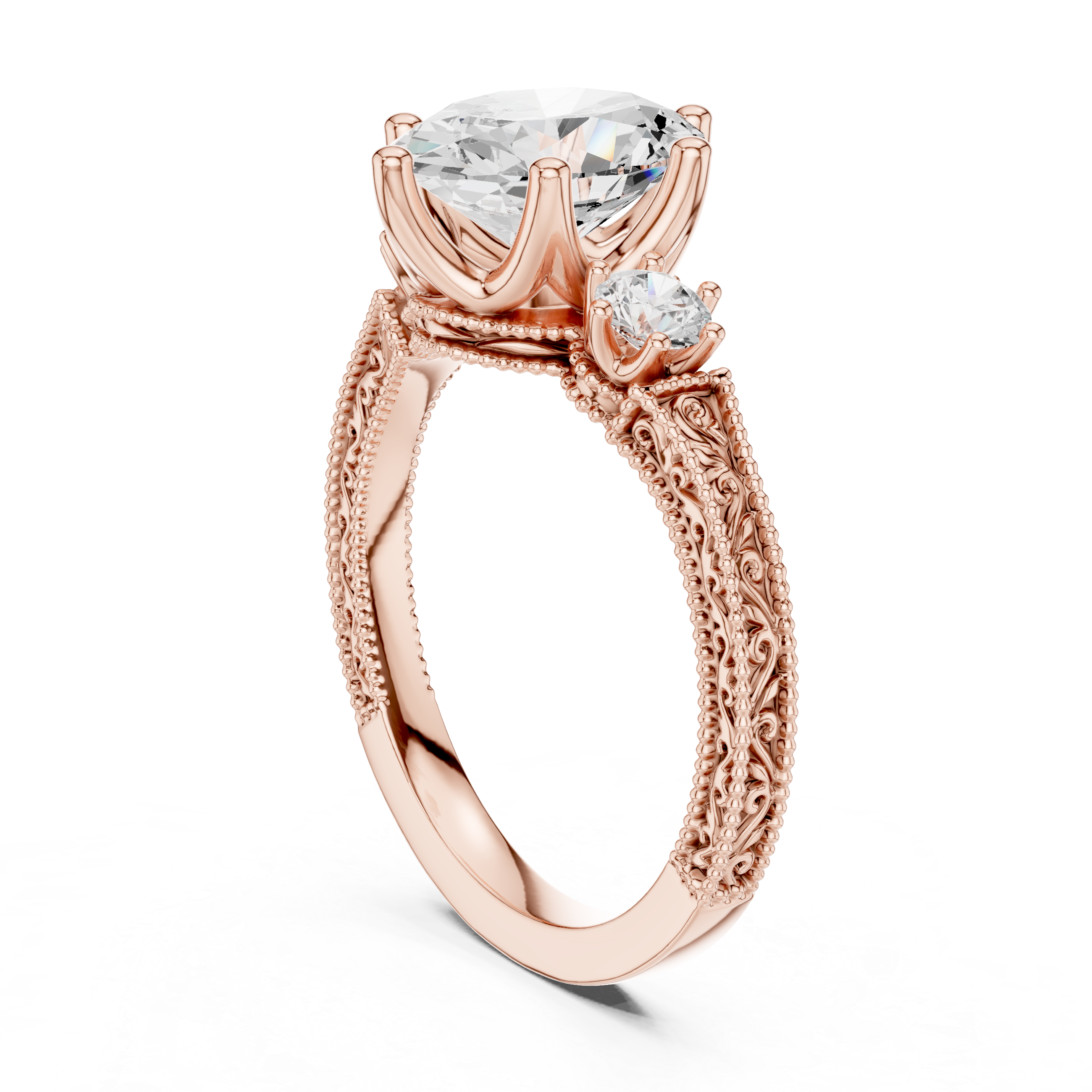 Vintage Oval Three-Stone Engagement Ring with Round Side Stones and Engraved Milgrain Band