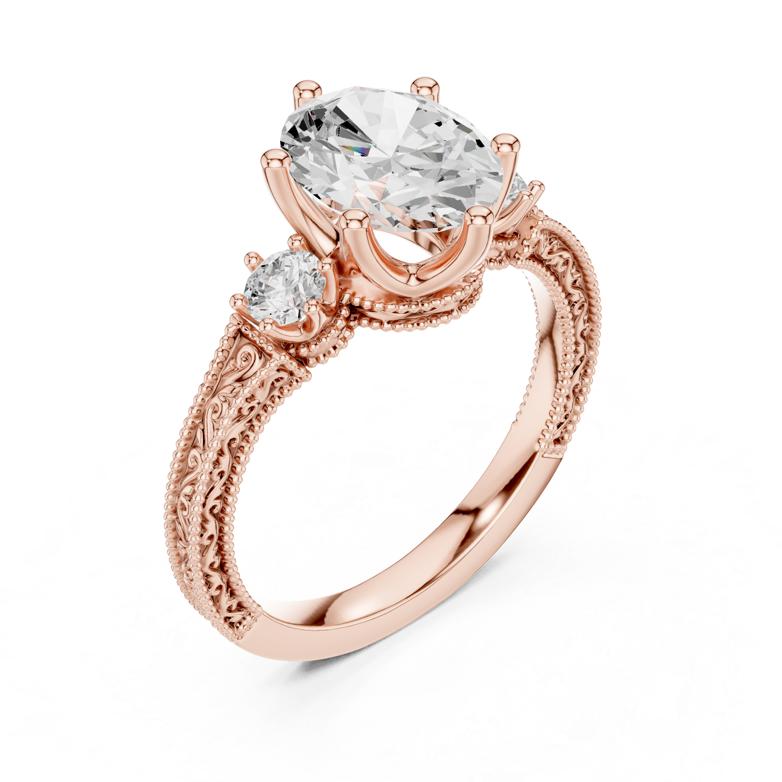 Vintage Oval Three-Stone Engagement Ring with Round Side Stones and Engraved Milgrain Band