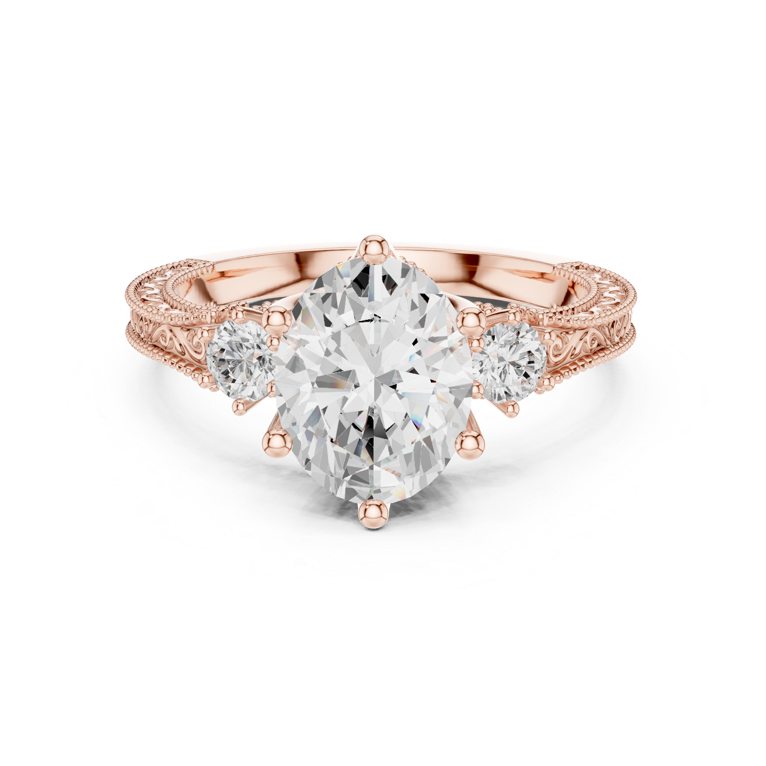 Vintage Oval Three-Stone Engagement Ring with Round Side Stones and Engraved Milgrain Band