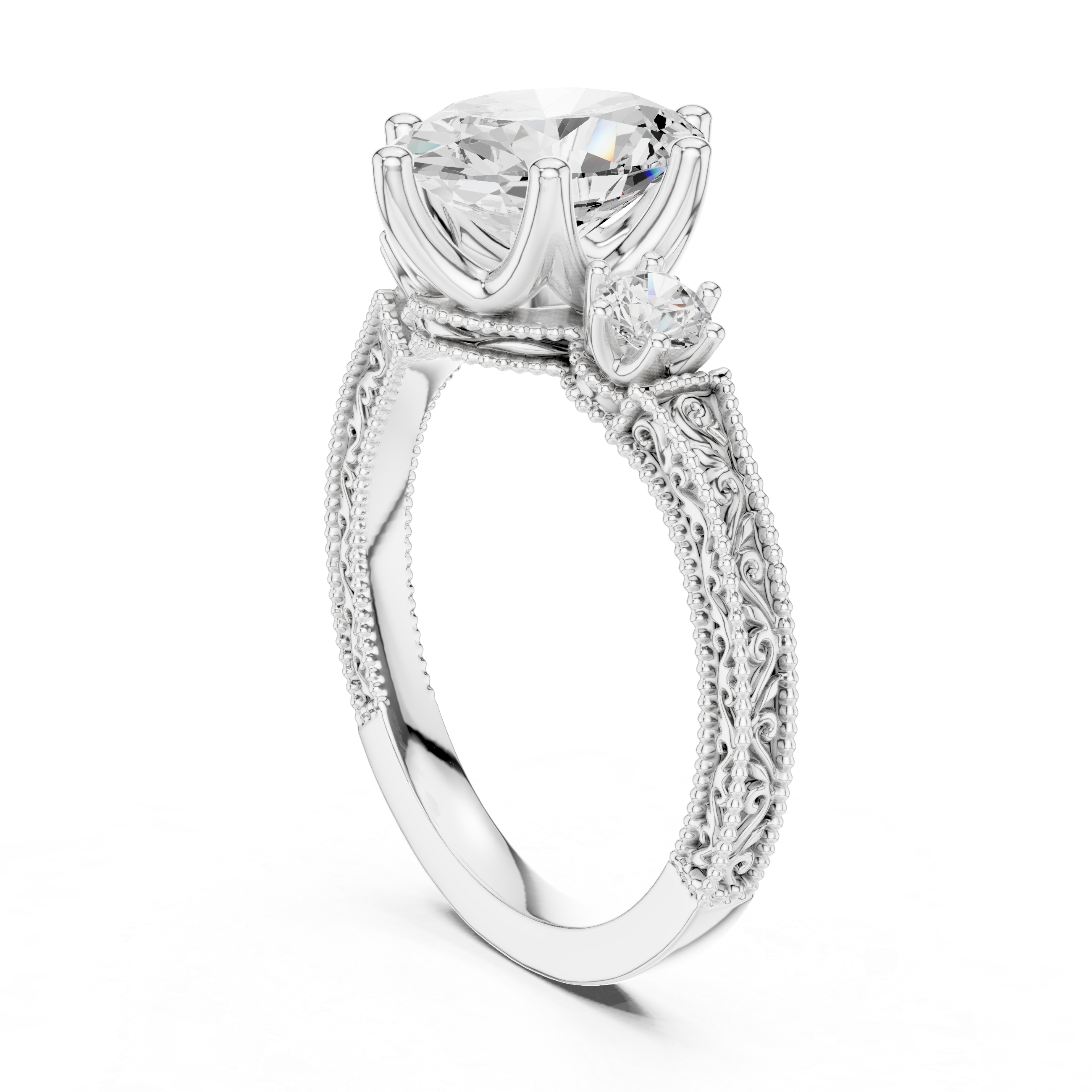 Vintage Oval Three-Stone Engagement Ring with Round Side Stones and Engraved Milgrain Band