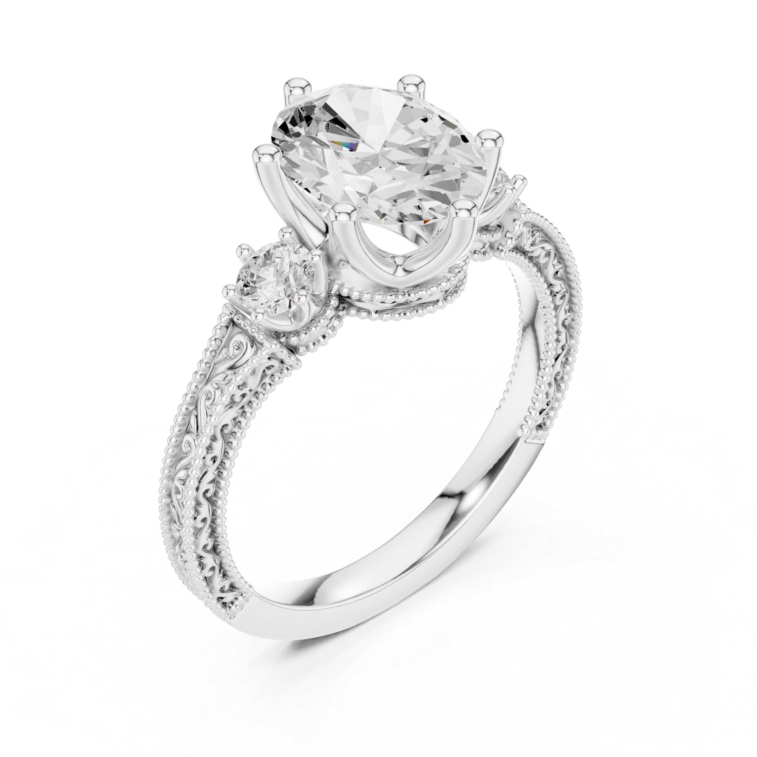 Vintage Oval Three-Stone Engagement Ring with Round Side Stones and Engraved Milgrain Band