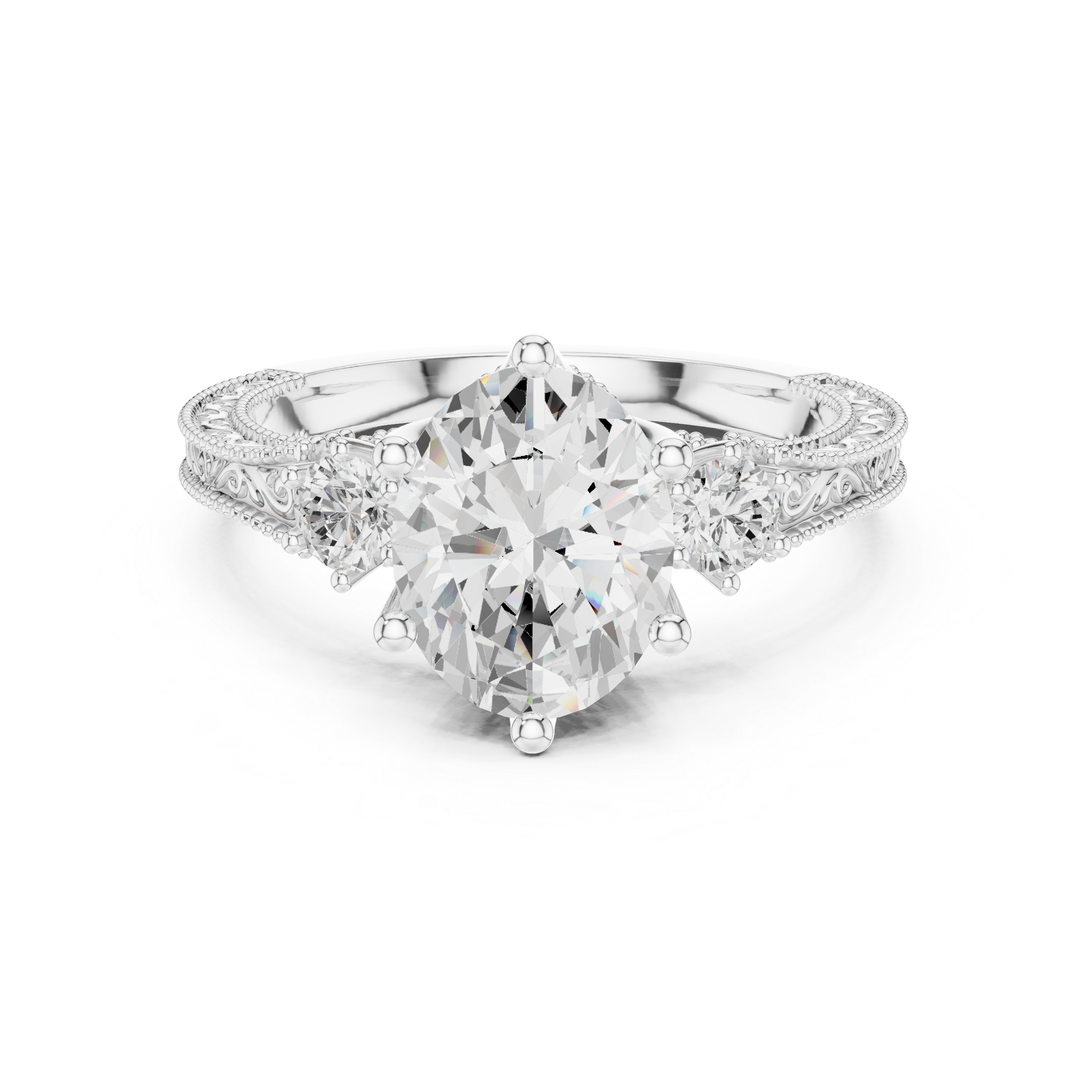 Vintage Oval Three-Stone Engagement Ring with Round Side Stones and Engraved Milgrain Band