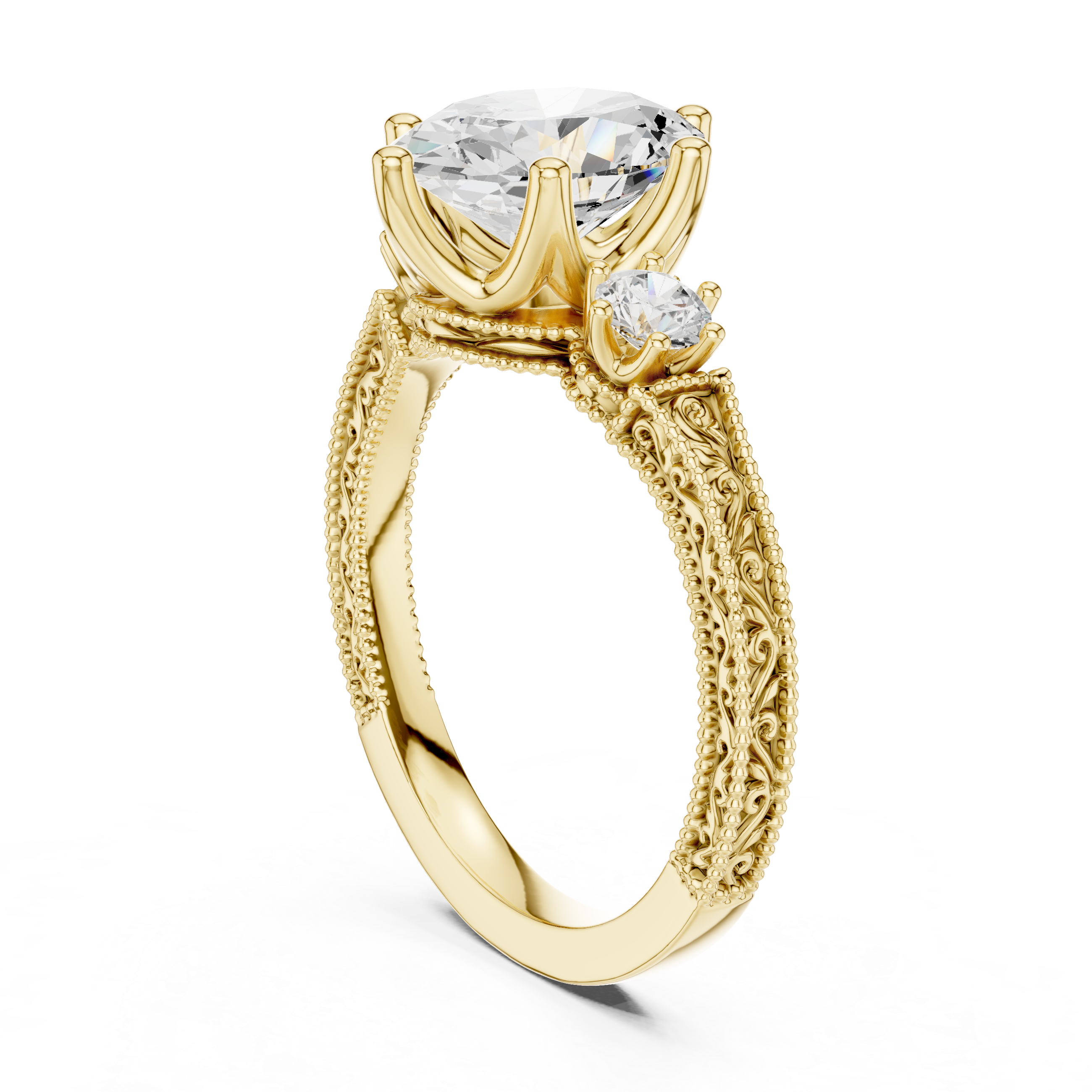 Vintage Oval Three-Stone Engagement Ring with Round Side Stones and Engraved Milgrain Band