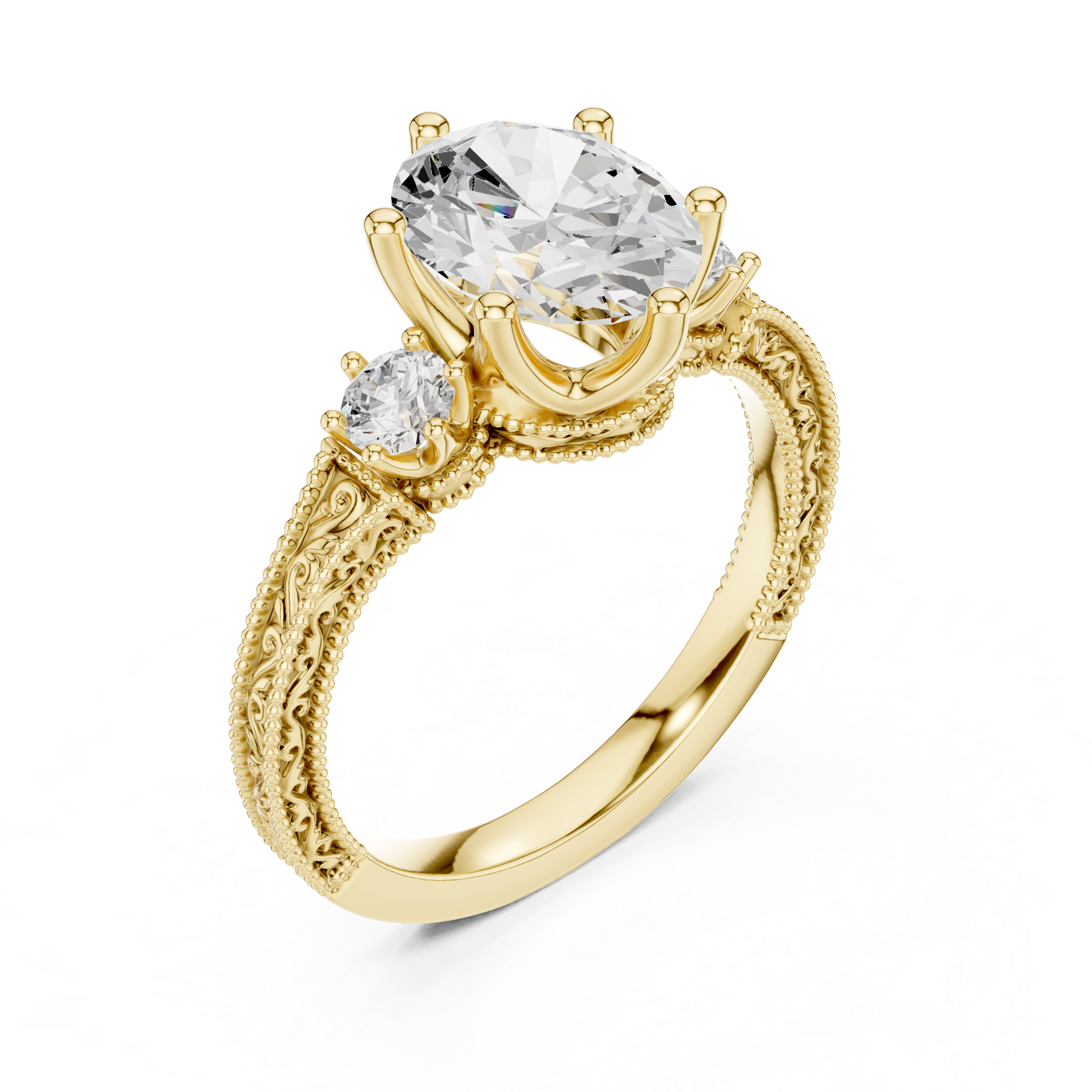 Vintage Oval Three-Stone Engagement Ring with Round Side Stones and Engraved Milgrain Band