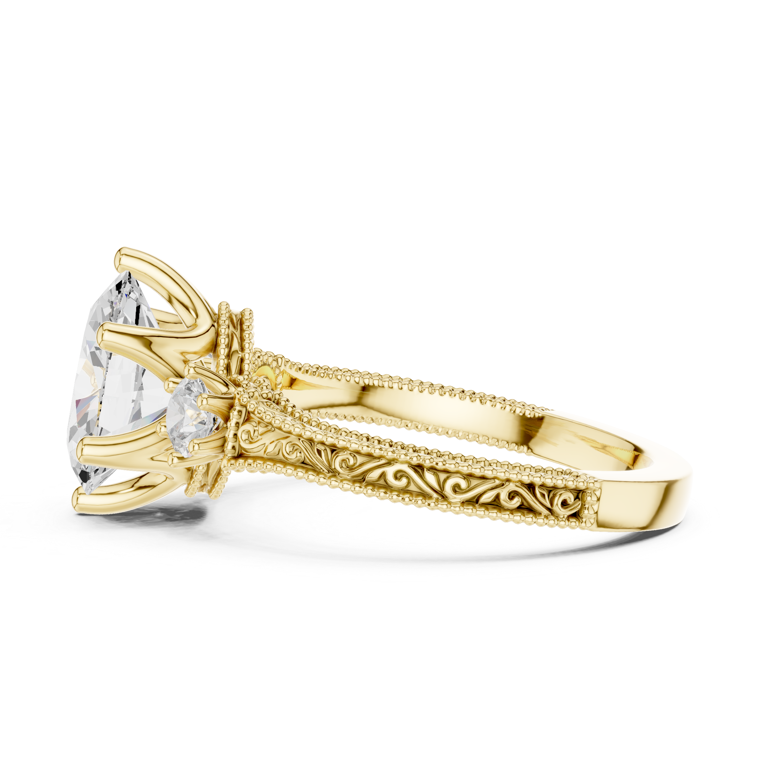Vintage Oval Three-Stone Engagement Ring with Round Side Stones and Engraved Milgrain Band