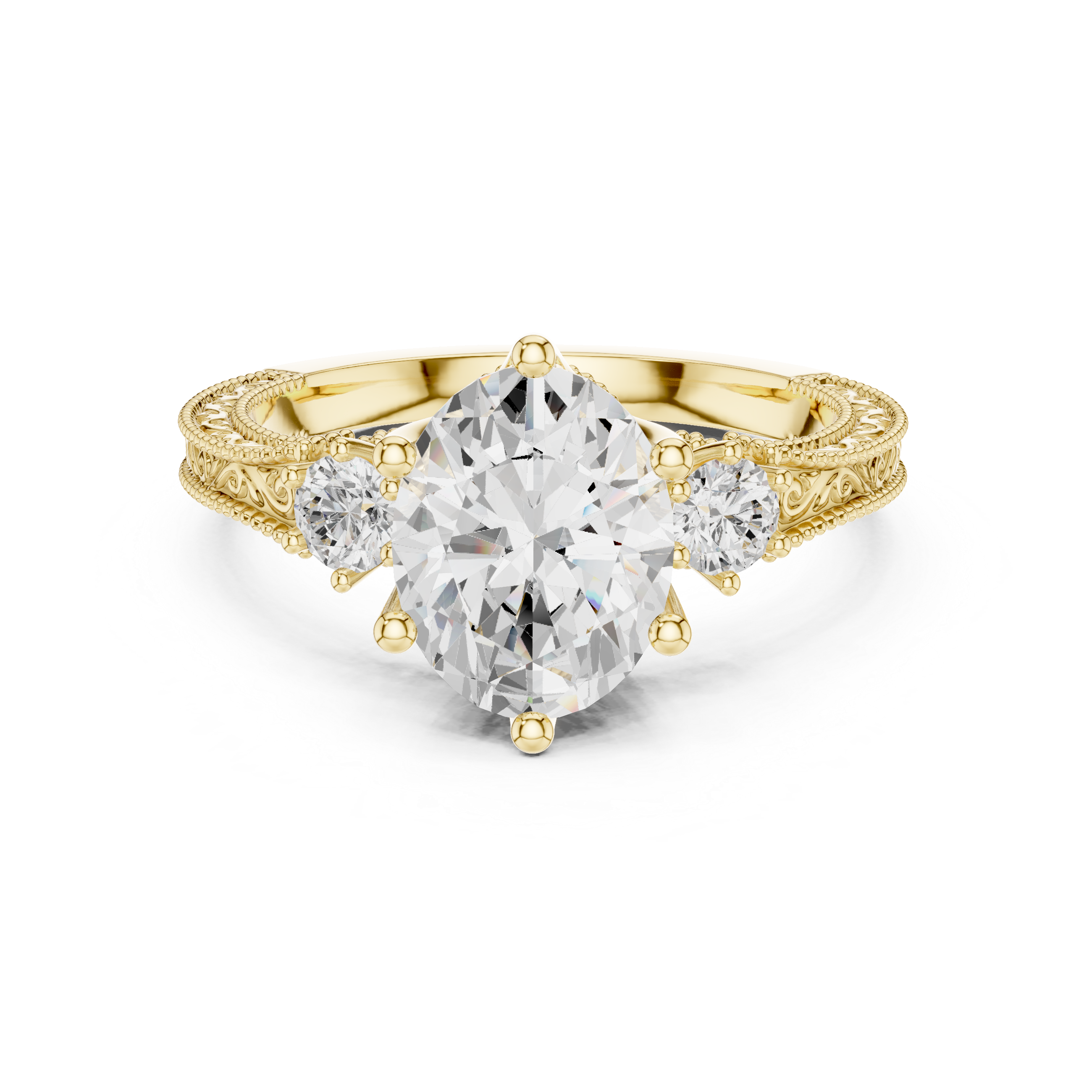 Vintage Oval Three-Stone Engagement Ring with Round Side Stones and Engraved Milgrain Band