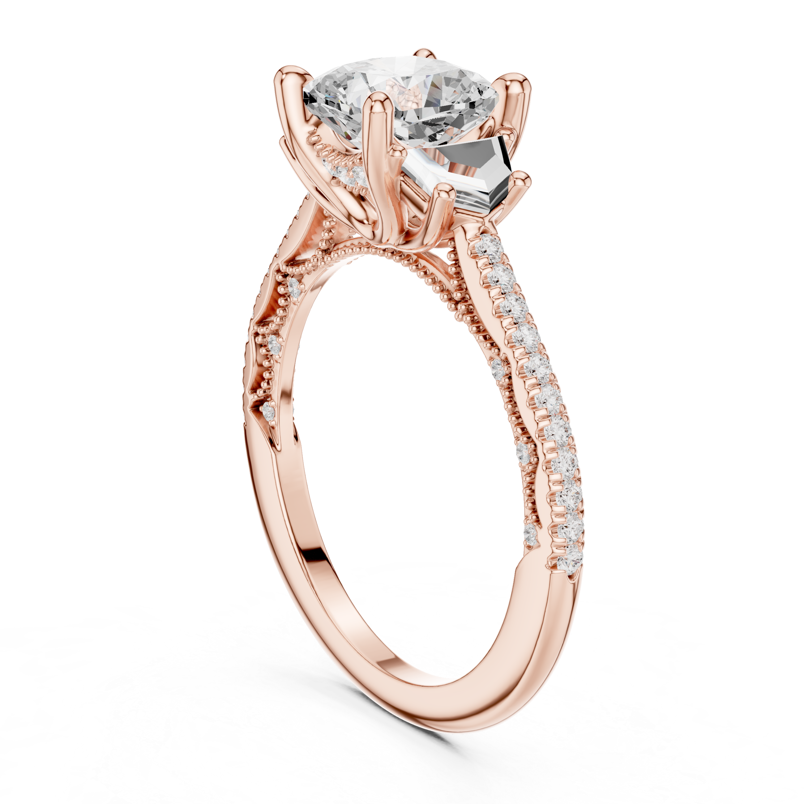 Cushion-Cut Three-Stone Engagement Ring with Cadillac Side Stones and Pavé Shoulders