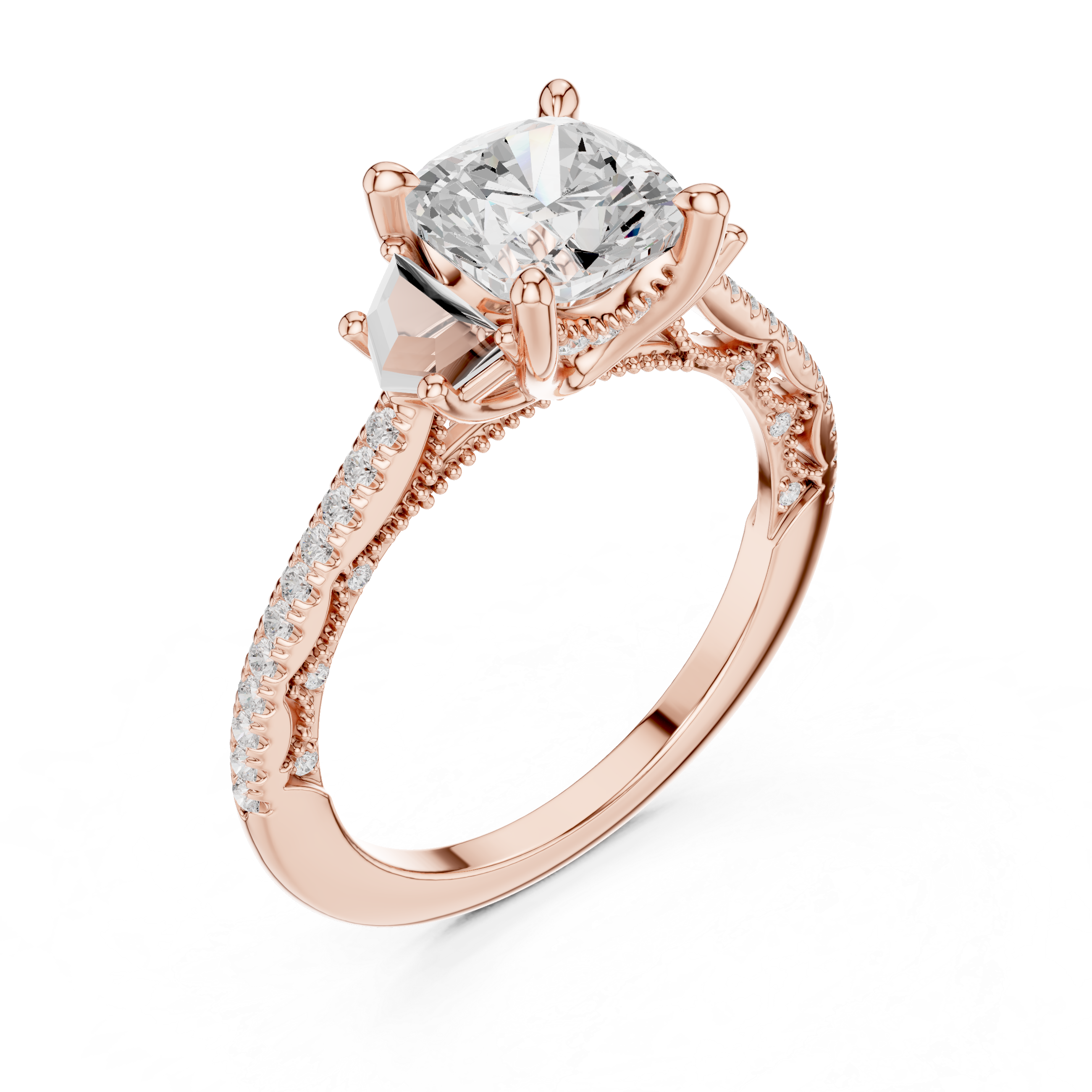 Cushion-Cut Three-Stone Engagement Ring with Cadillac Side Stones and Pavé Shoulders