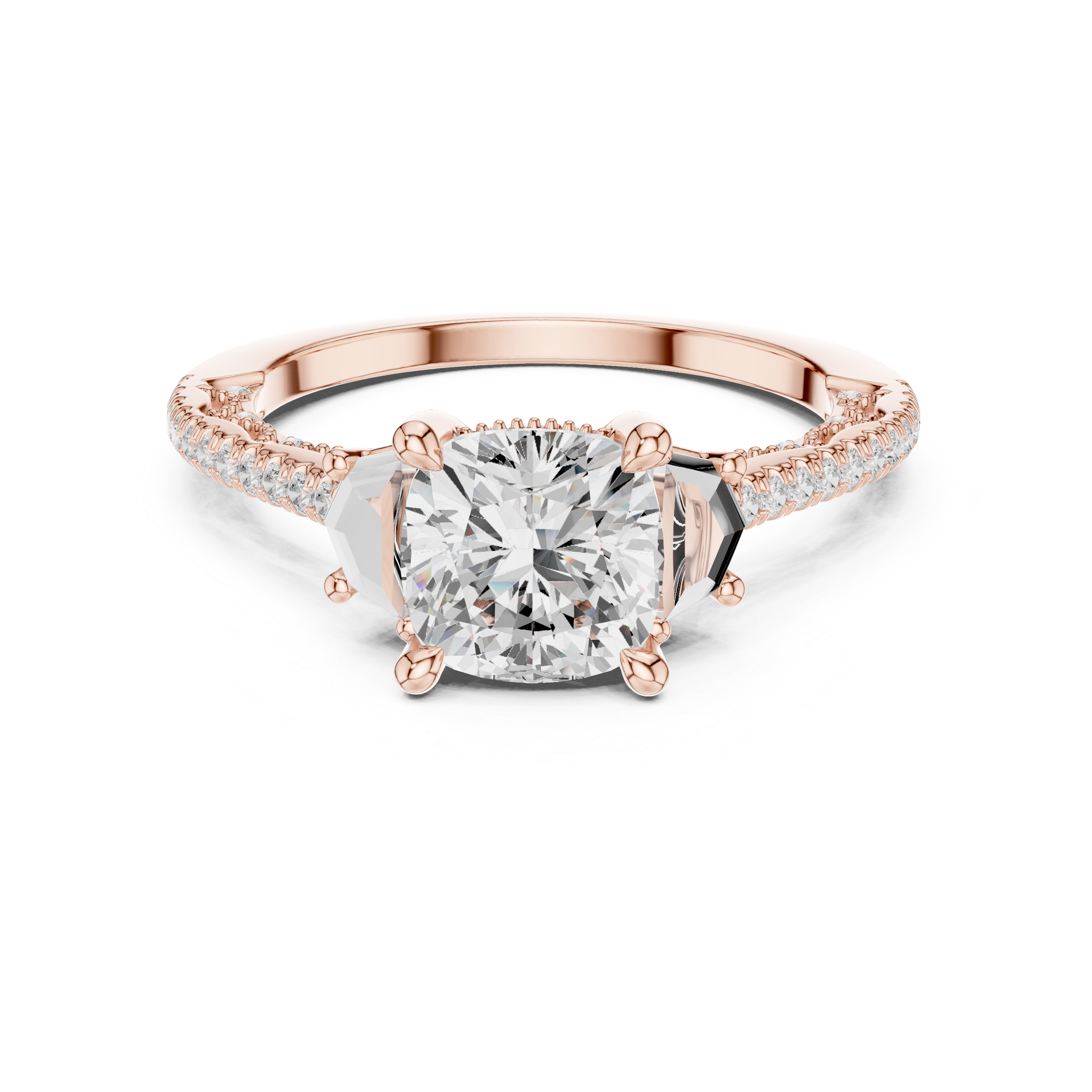 Cushion-Cut Three-Stone Engagement Ring with Cadillac Side Stones and Pavé Shoulders