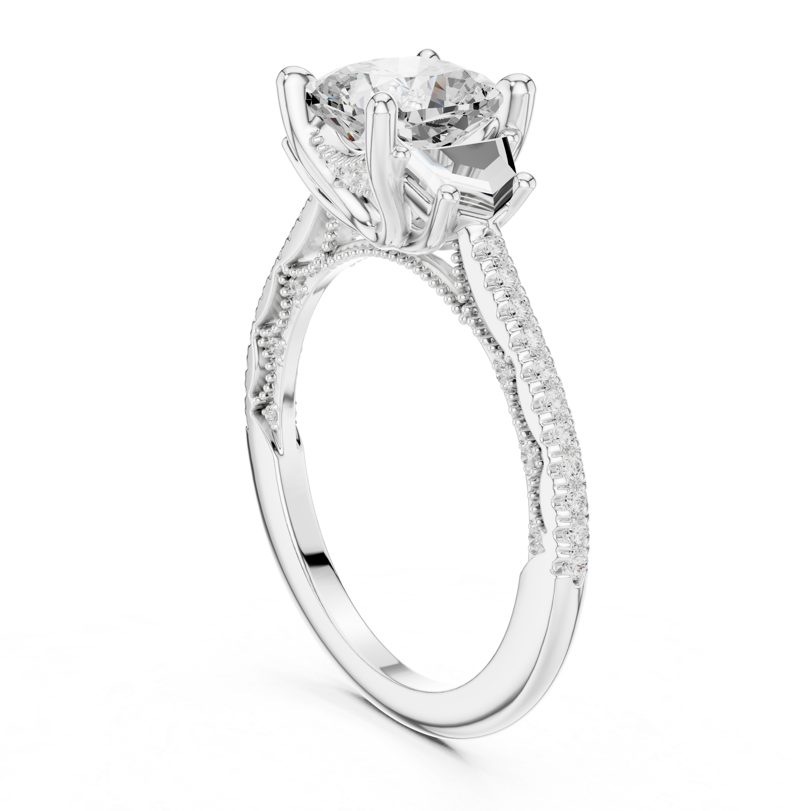 Cushion-Cut Three-Stone Engagement Ring with Cadillac Side Stones and Pavé Shoulders