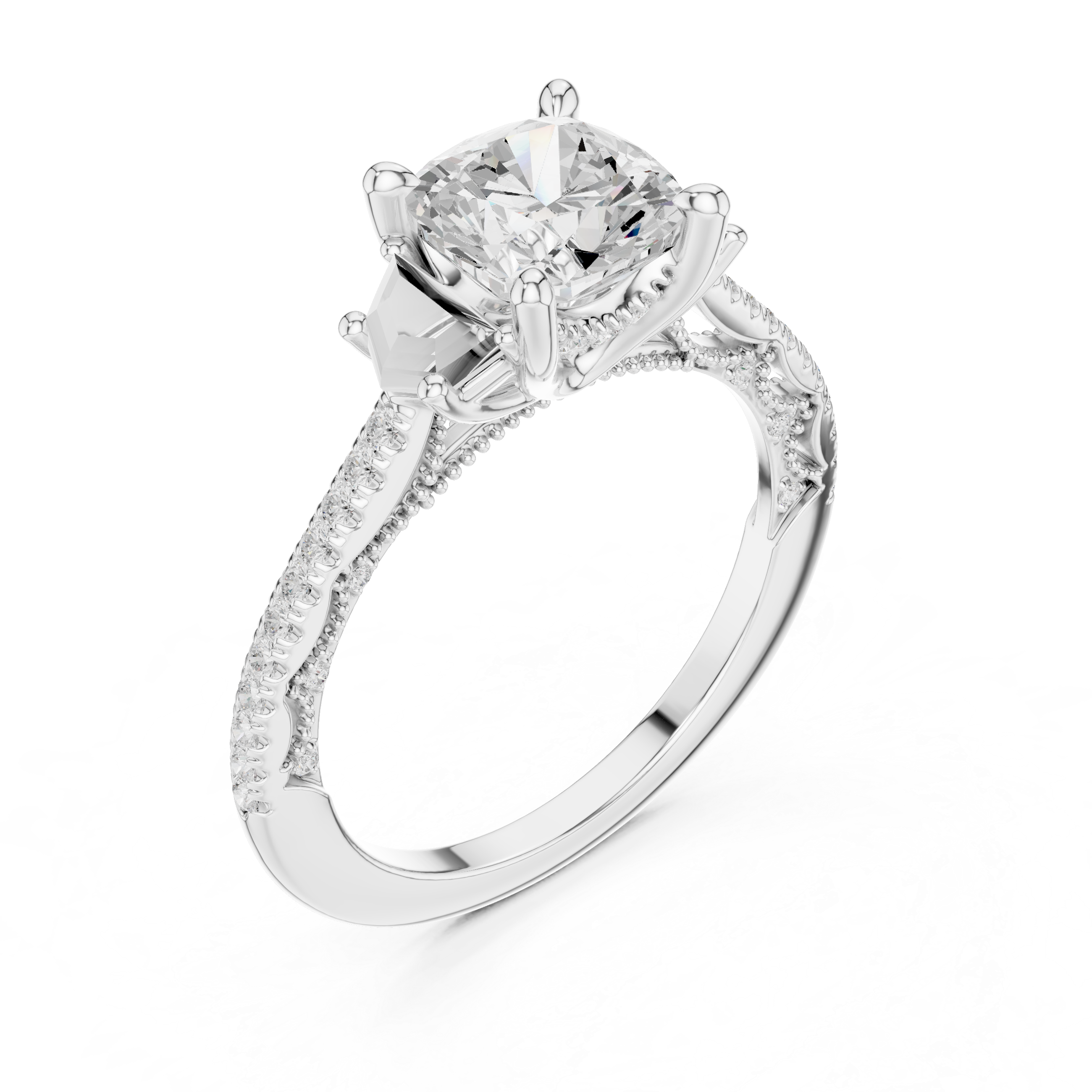 Cushion-Cut Three-Stone Engagement Ring with Cadillac Side Stones and Pavé Shoulders