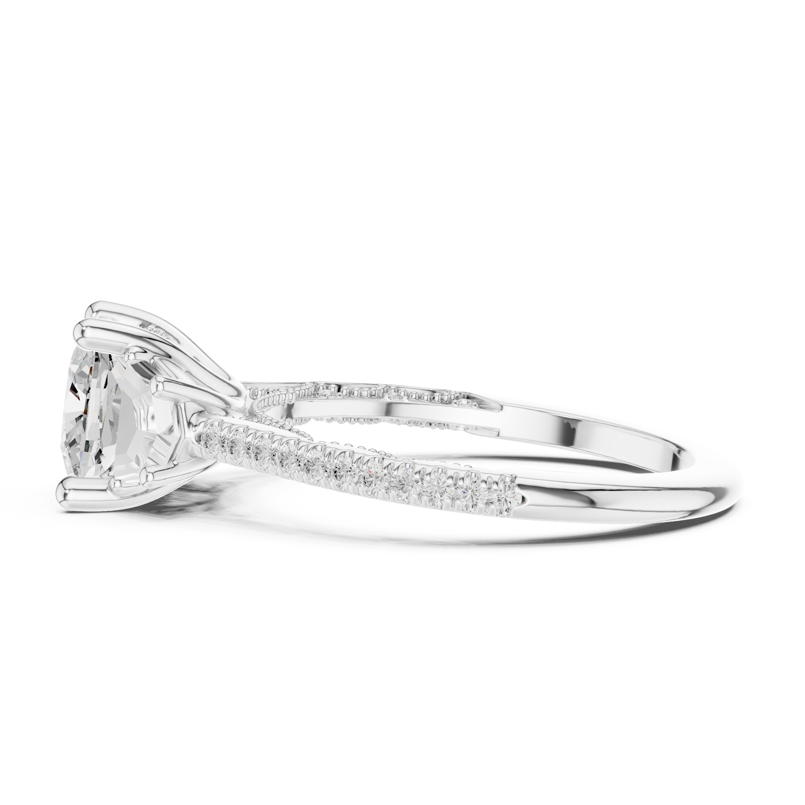 Cushion-Cut Three-Stone Engagement Ring with Cadillac Side Stones and Pavé Shoulders