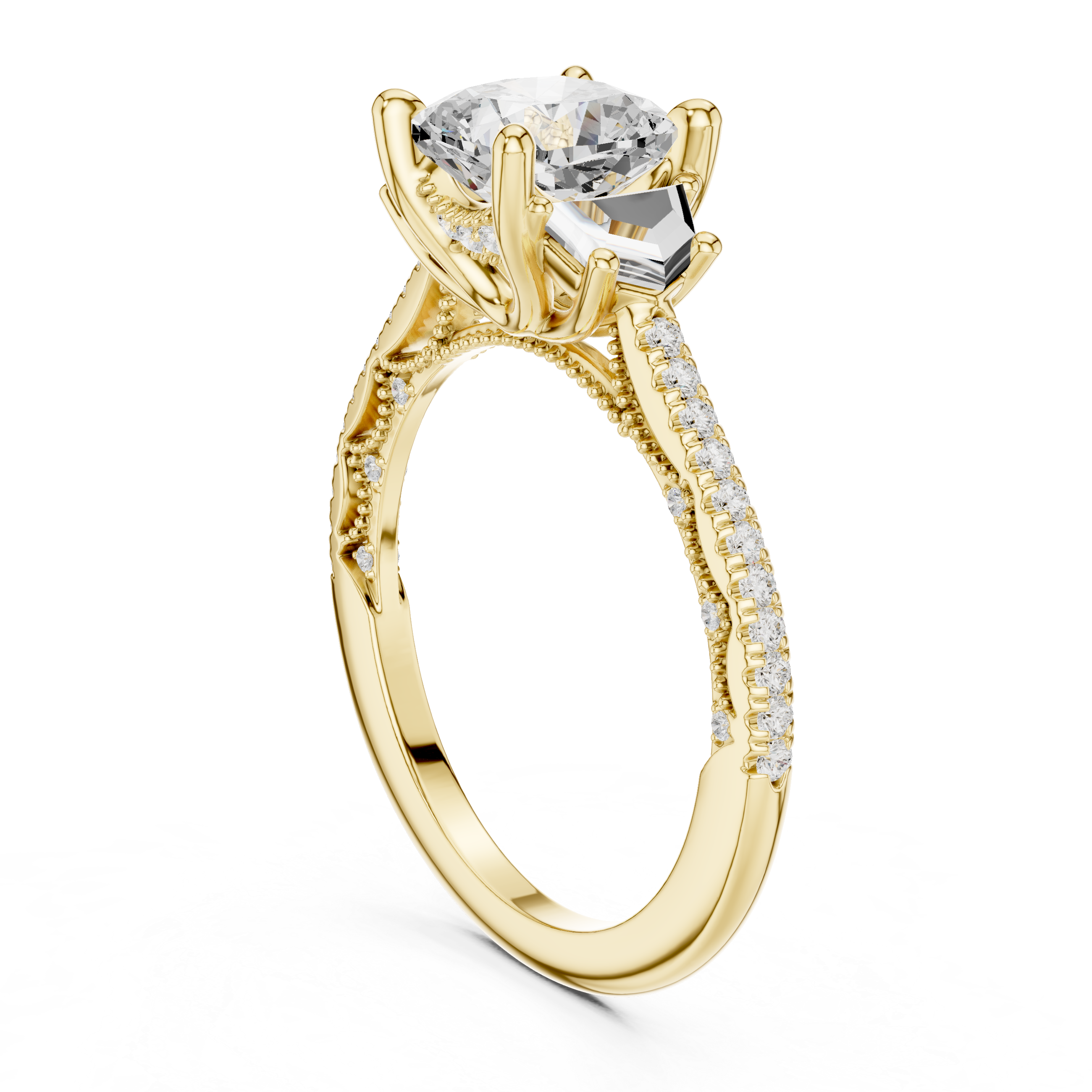 Cushion-Cut Three-Stone Engagement Ring with Cadillac Side Stones and Pavé Shoulders