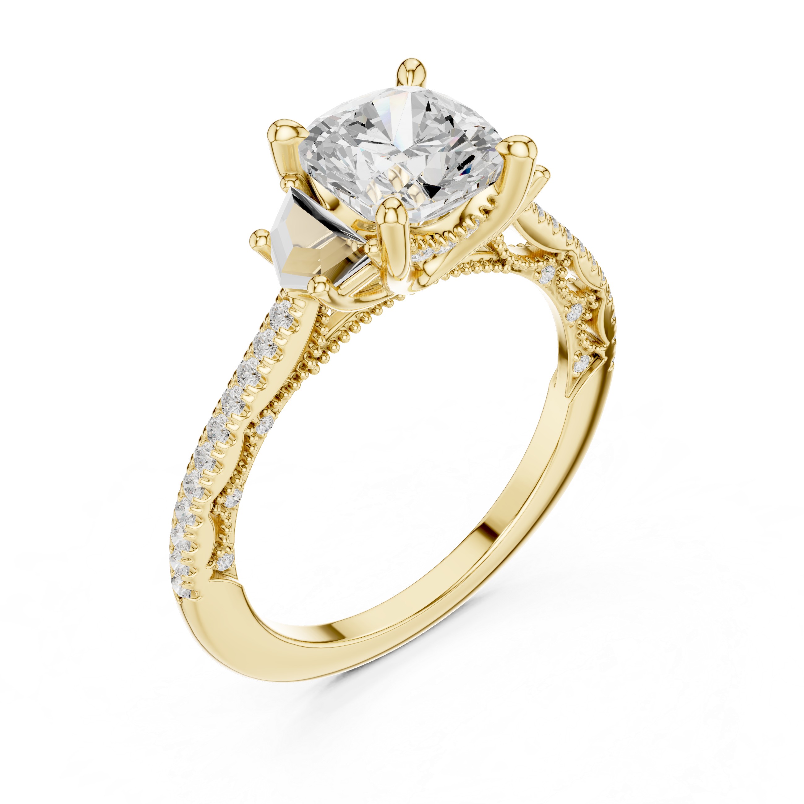 Cushion-Cut Three-Stone Engagement Ring with Cadillac Side Stones and Pavé Shoulders