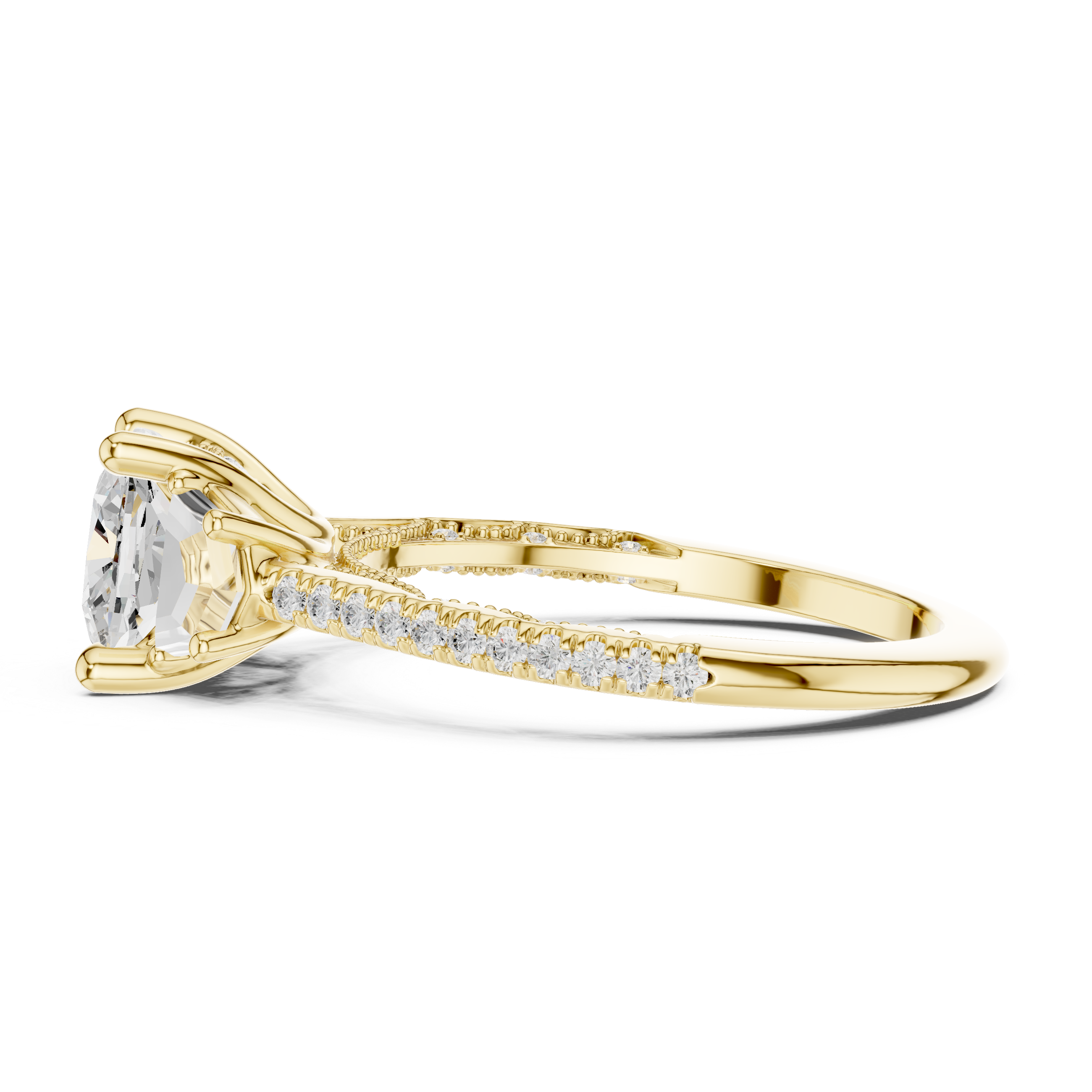 Cushion-Cut Three-Stone Engagement Ring with Cadillac Side Stones and Pavé Shoulders