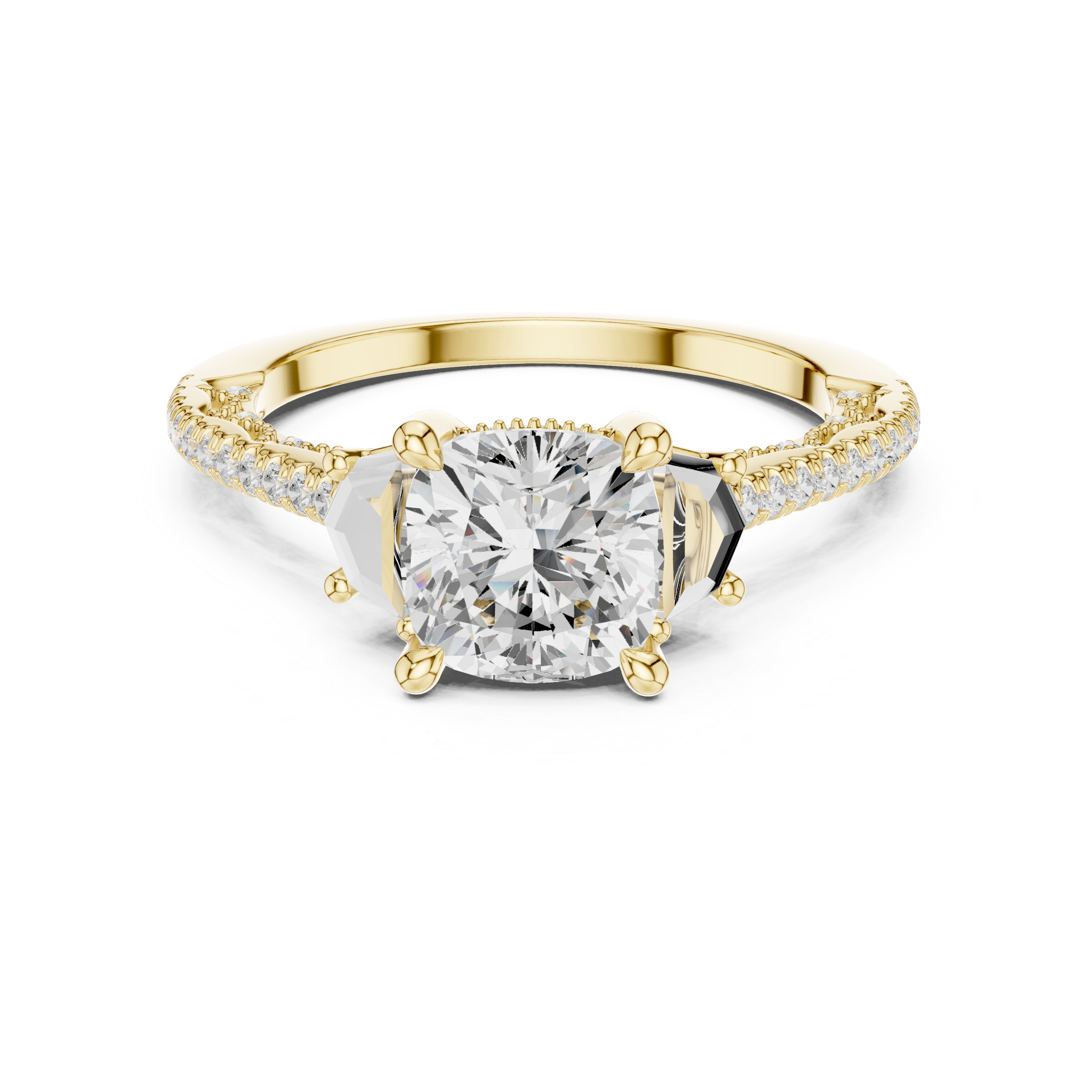 Cushion-Cut Three-Stone Engagement Ring with Cadillac Side Stones and Pavé Shoulders
