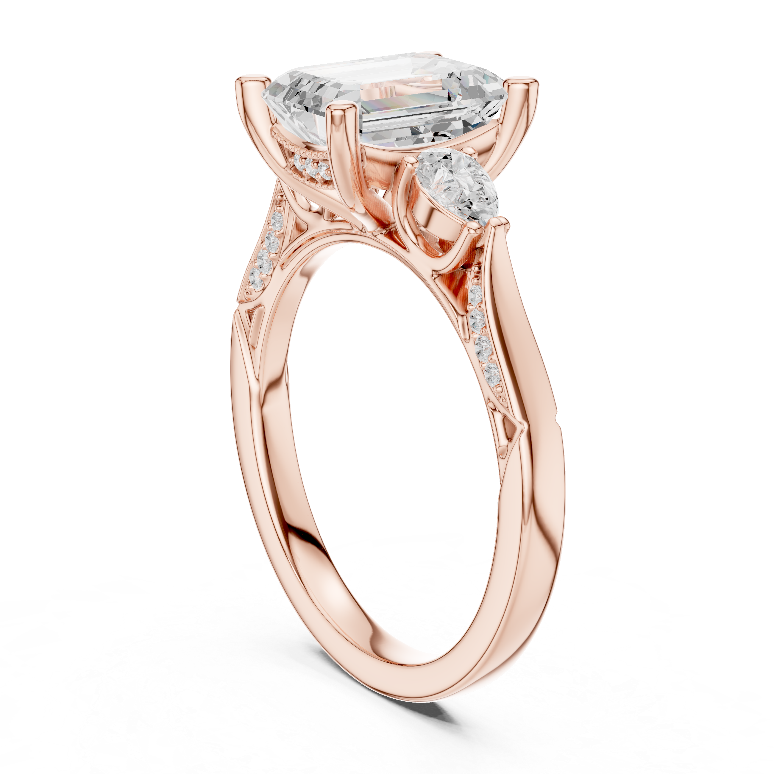 Emerald Cut Three Stone Engagement Ring with Pear Side Diamonds and Vintage Milgrain Details