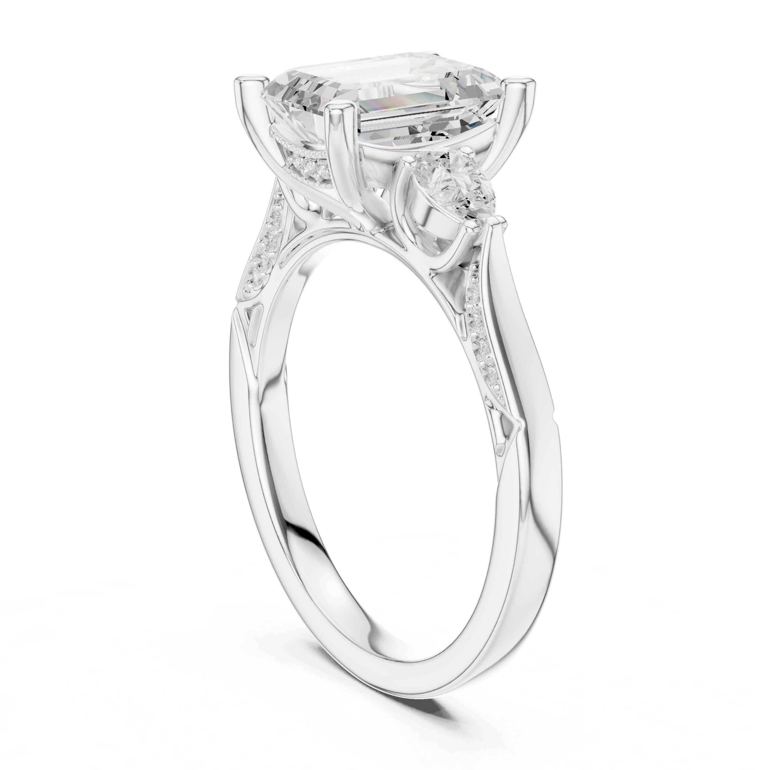 Emerald Cut Three Stone Engagement Ring with Pear Side Diamonds and Vintage Milgrain Details