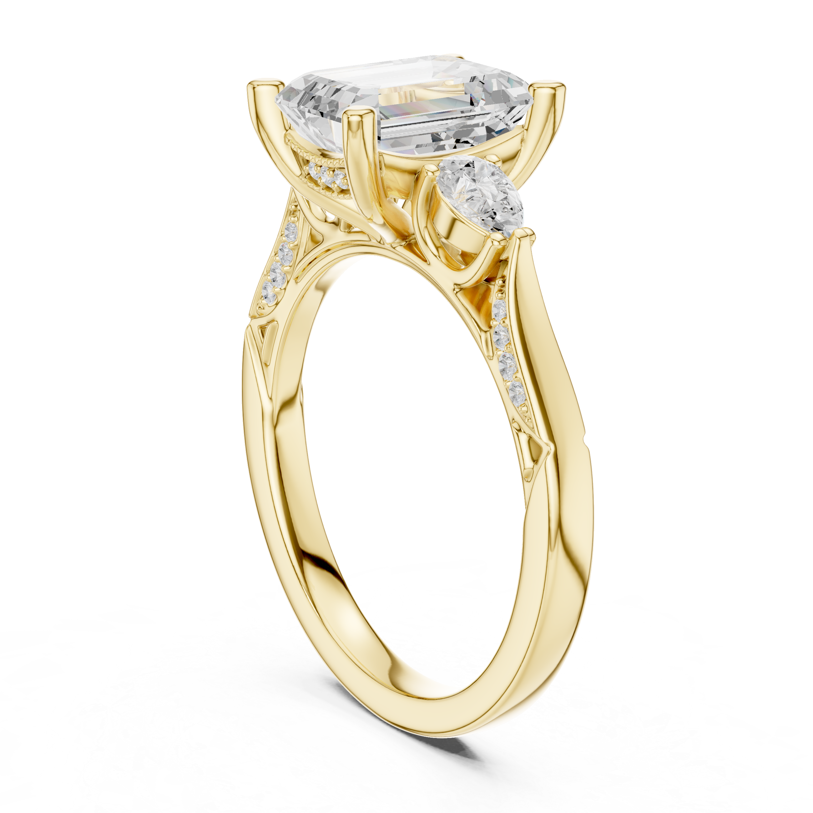 Emerald Cut Three Stone Engagement Ring with Pear Side Diamonds and Vintage Milgrain Details