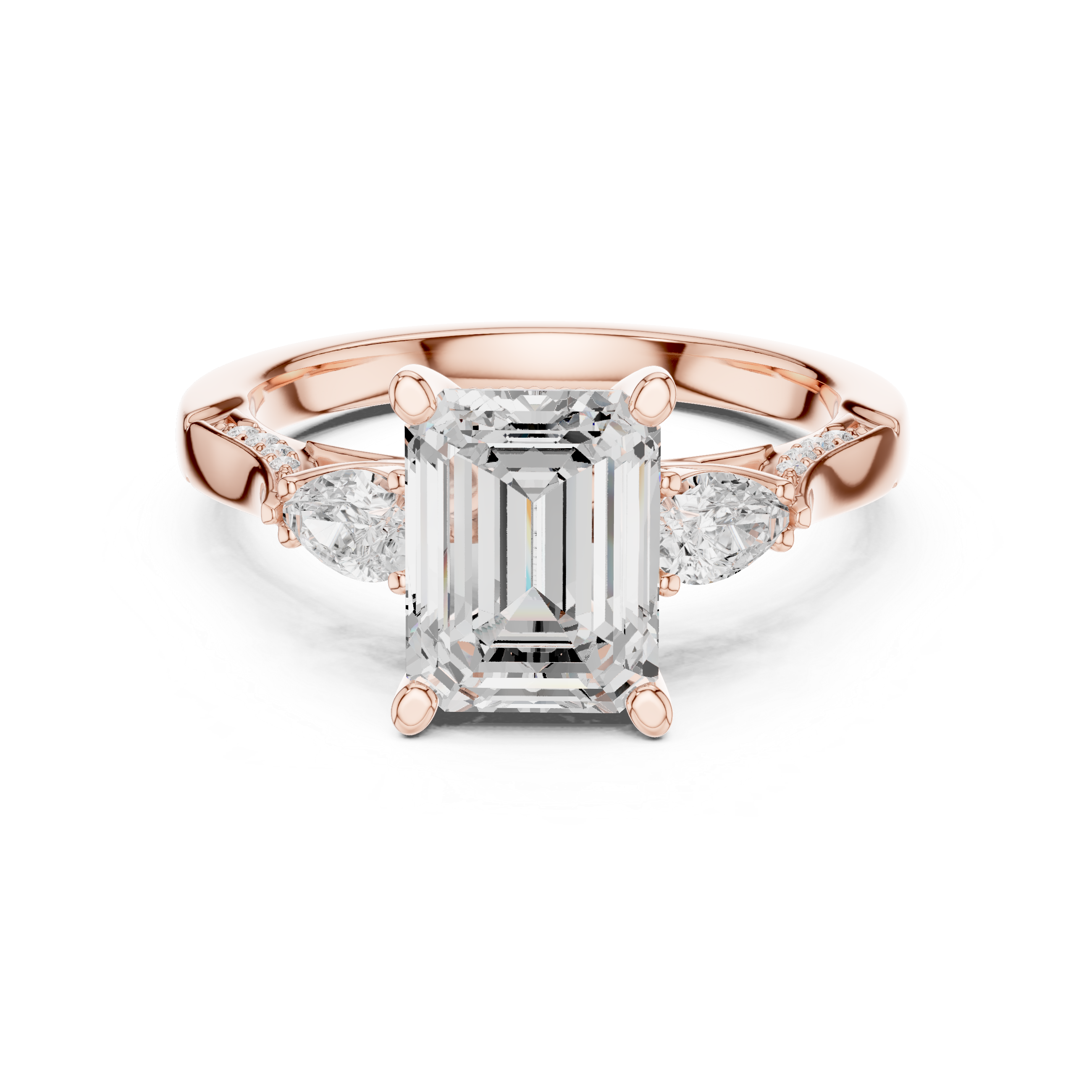 Emerald Cut Three Stone Engagement Ring with Pear Side Diamonds and Vintage Milgrain Details