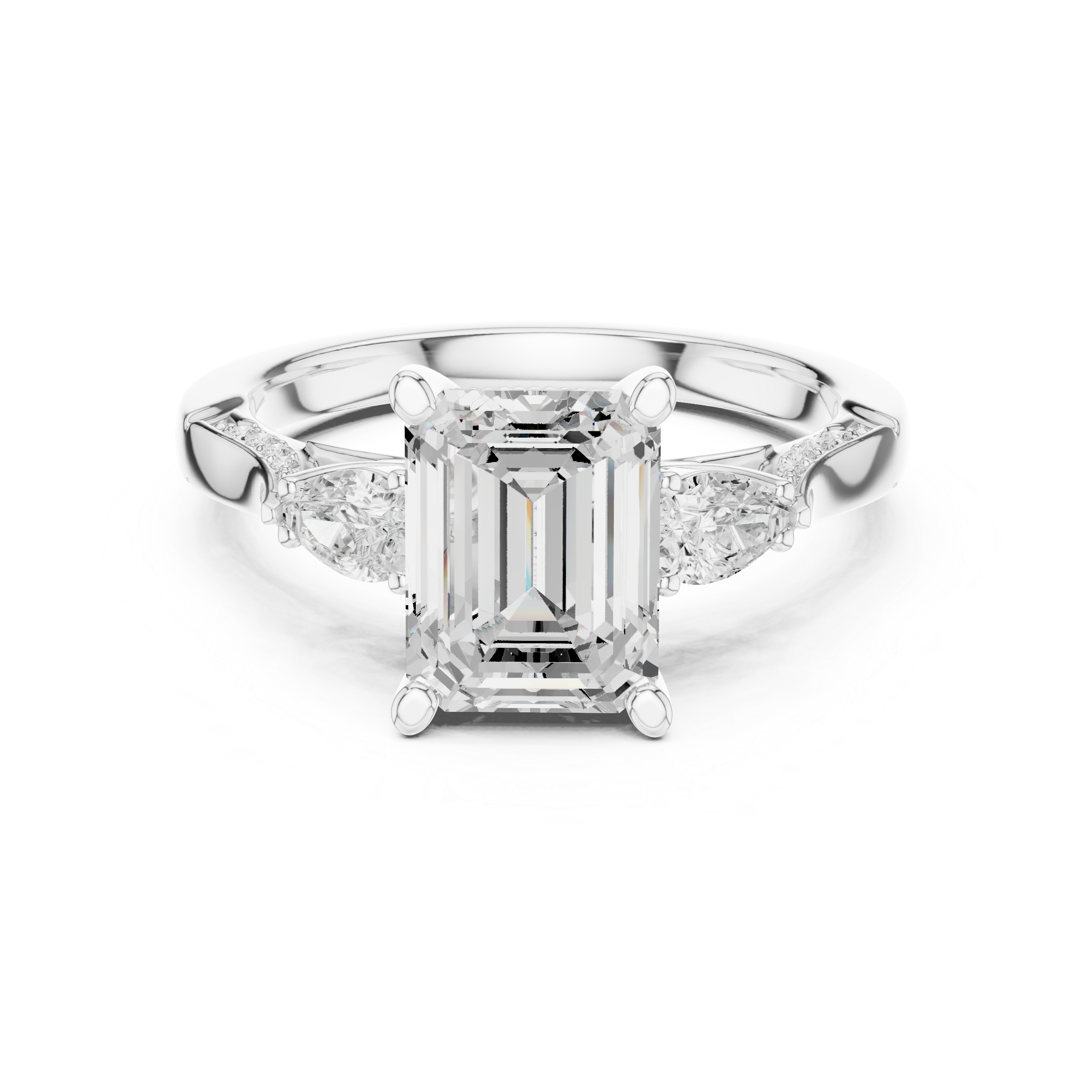 Emerald Cut Three Stone Engagement Ring with Pear Side Diamonds and Vintage Milgrain Details