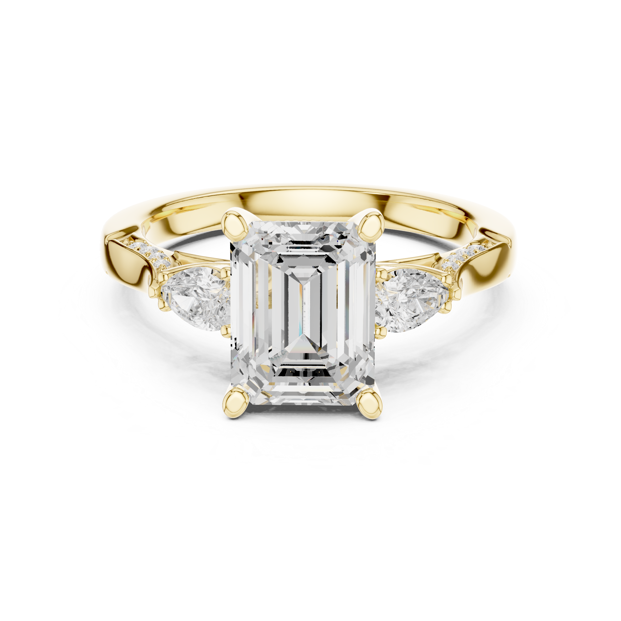 Emerald Cut Three Stone Engagement Ring with Pear Side Diamonds and Vintage Milgrain Details