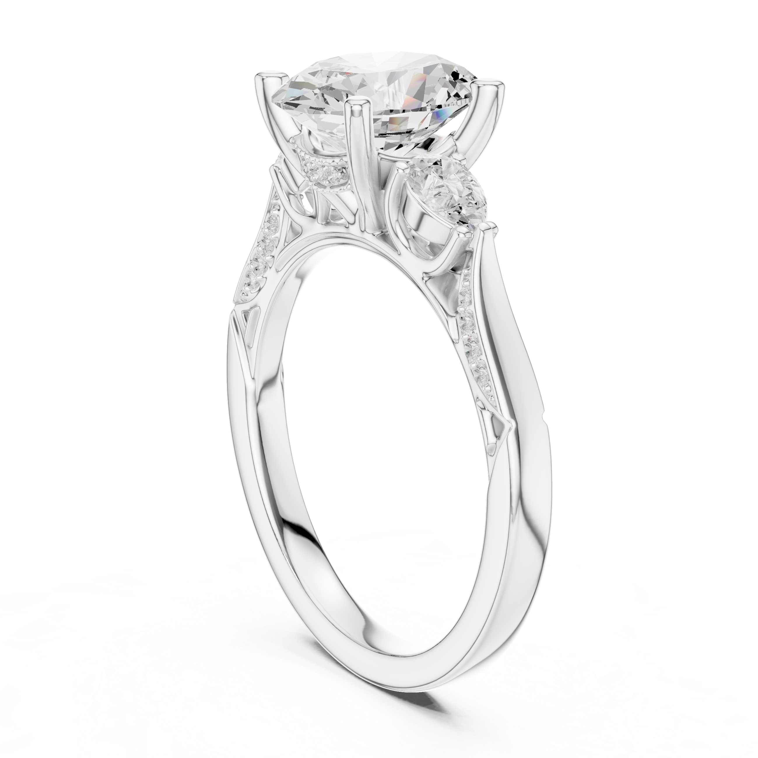 Oval Cut Three Stone Engagement Ring with Pear Side Diamonds and Vintage Milgrain Detailing