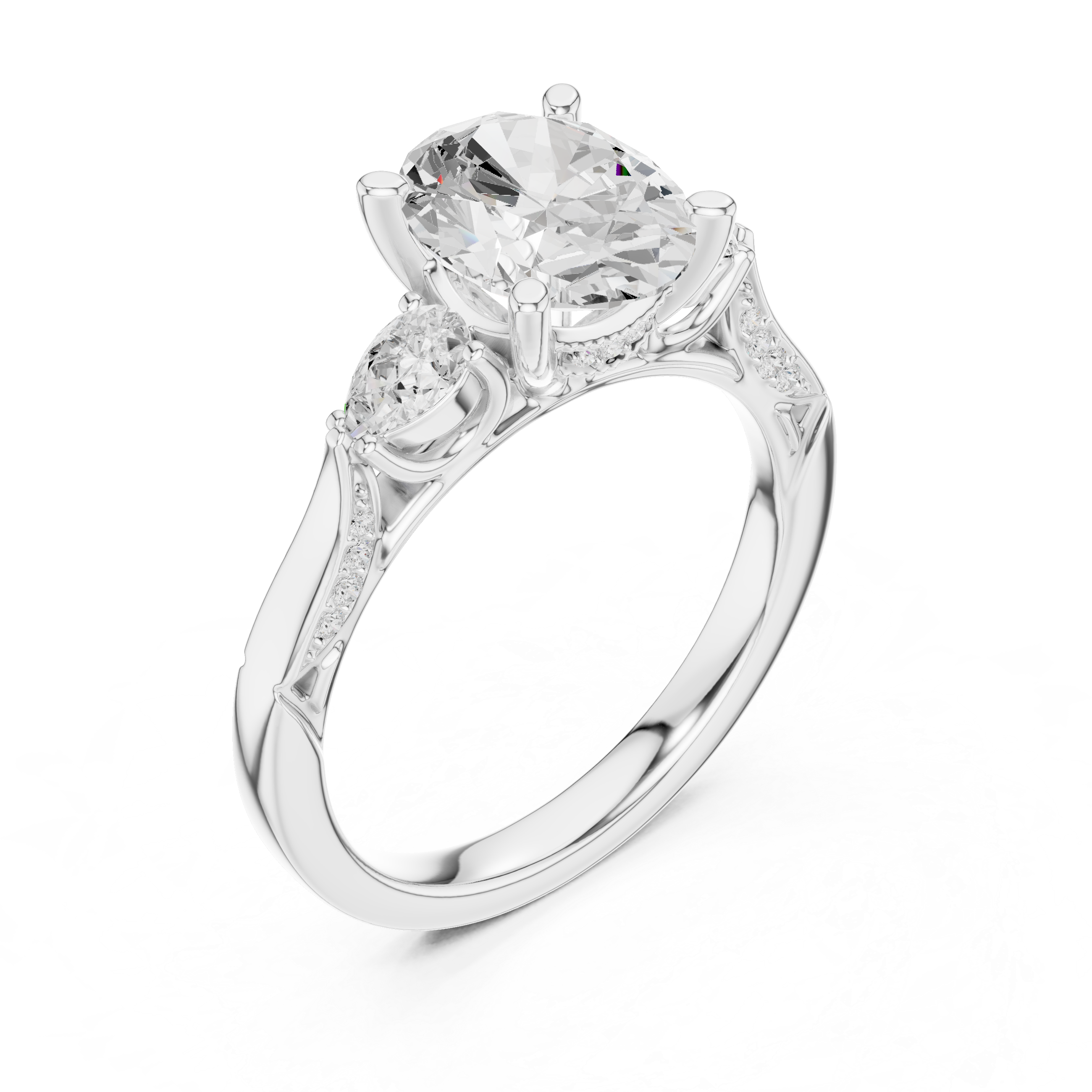 Oval Cut Three Stone Engagement Ring with Pear Side Diamonds and Vintage Milgrain Detailing