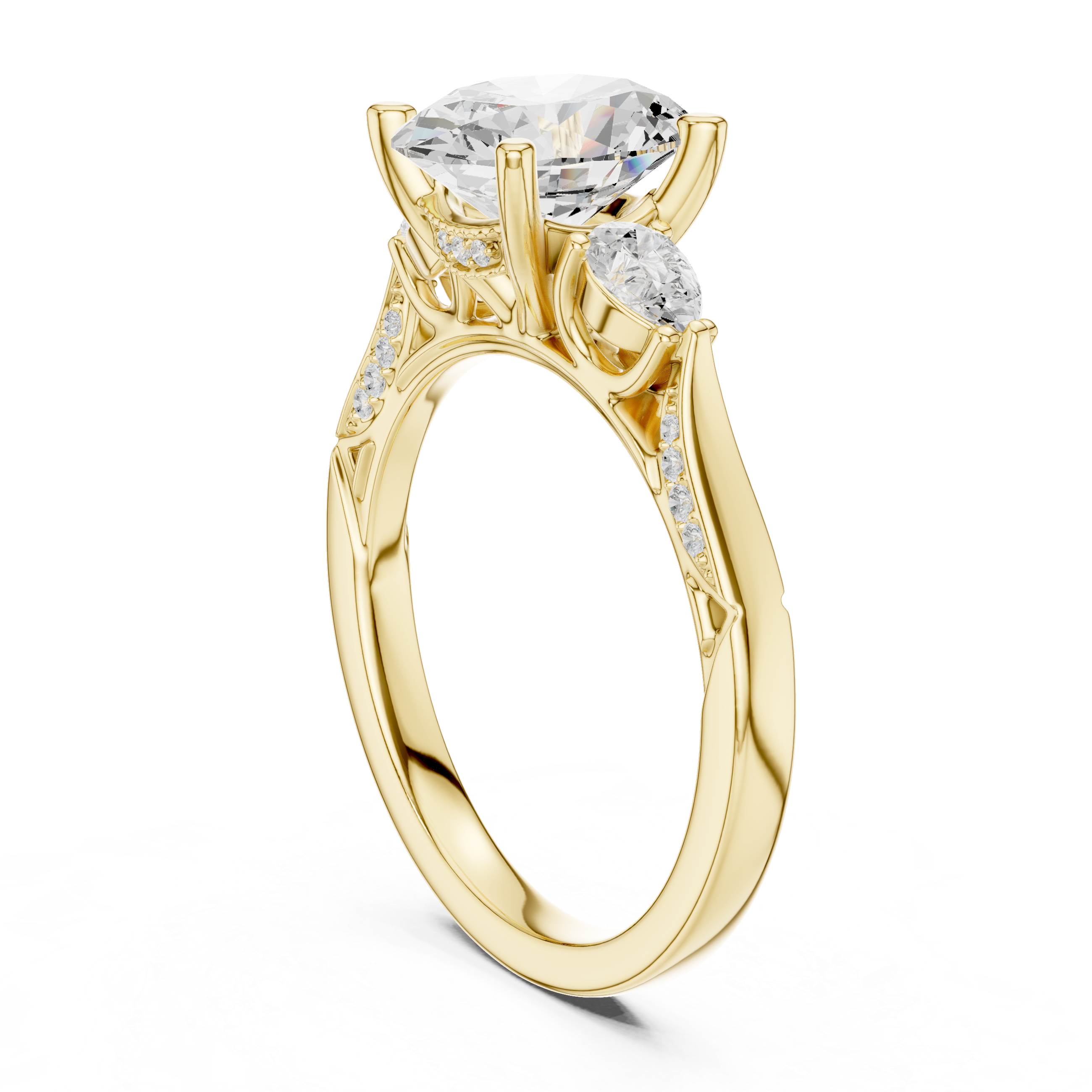 Oval Cut Three Stone Engagement Ring with Pear Side Diamonds and Vintage Milgrain Detailing