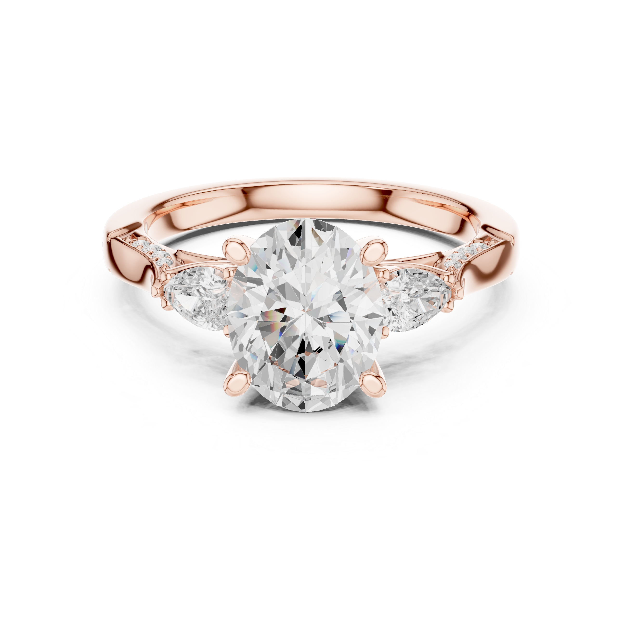 Oval Cut Three Stone Engagement Ring with Pear Side Diamonds and Vintage Milgrain Detailing