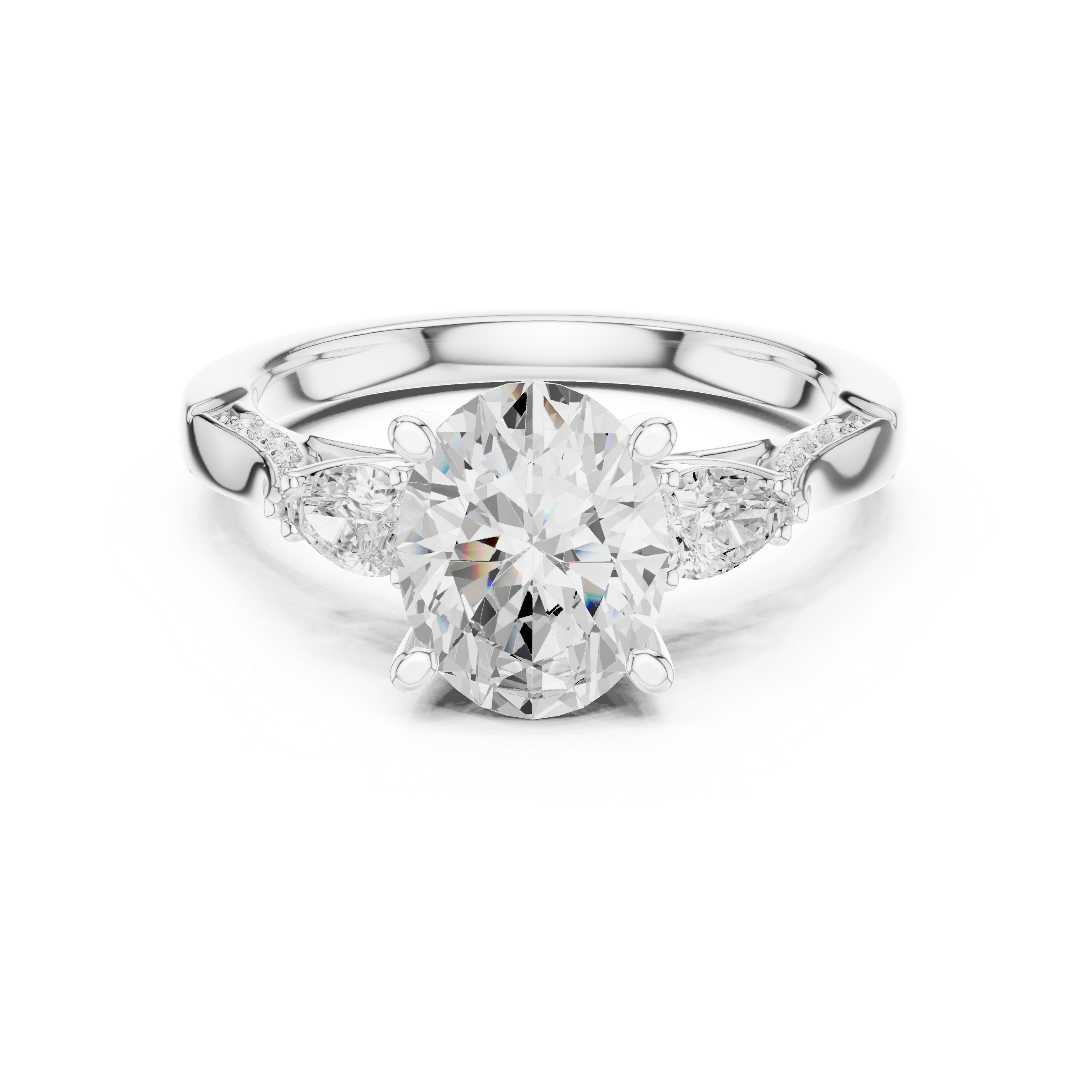 Oval Cut Three Stone Engagement Ring with Pear Side Diamonds and Vintage Milgrain Detailing
