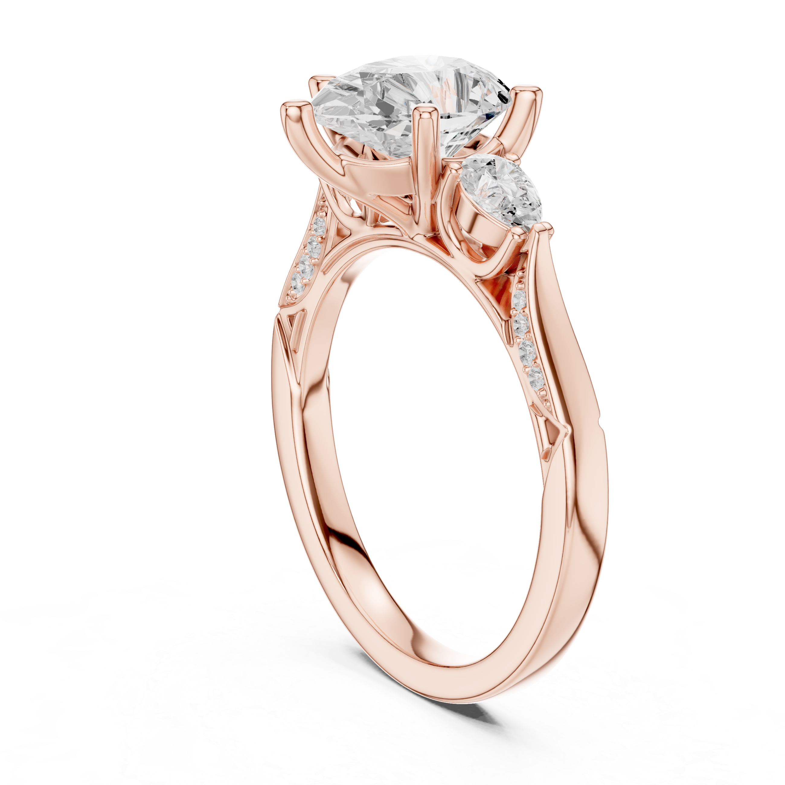 Pear Cut Three Stone Engagement Ring with Pear Side Diamonds and Vintage Milgrain Gallery