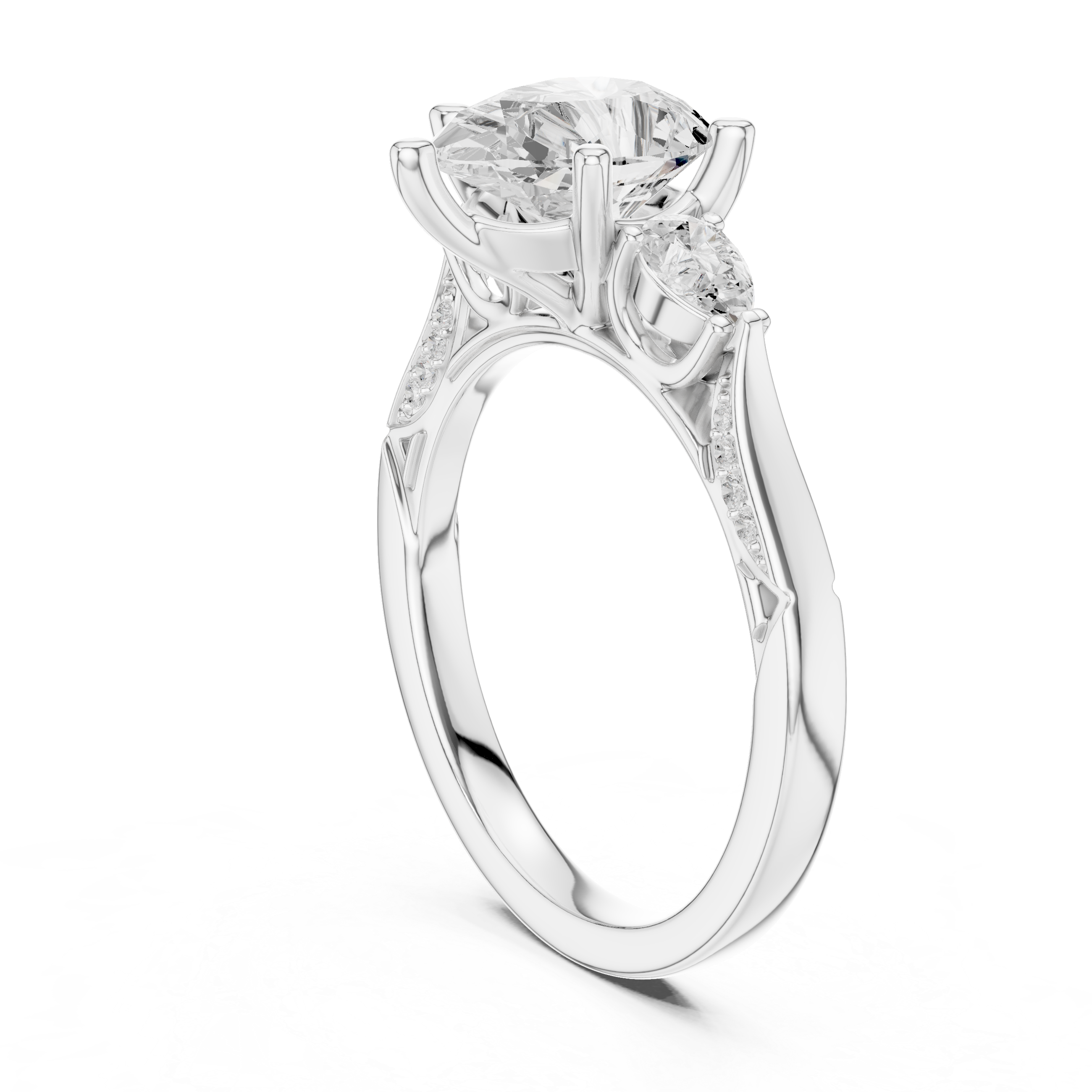 Pear Cut Three Stone Engagement Ring with Pear Side Diamonds and Vintage Milgrain Gallery