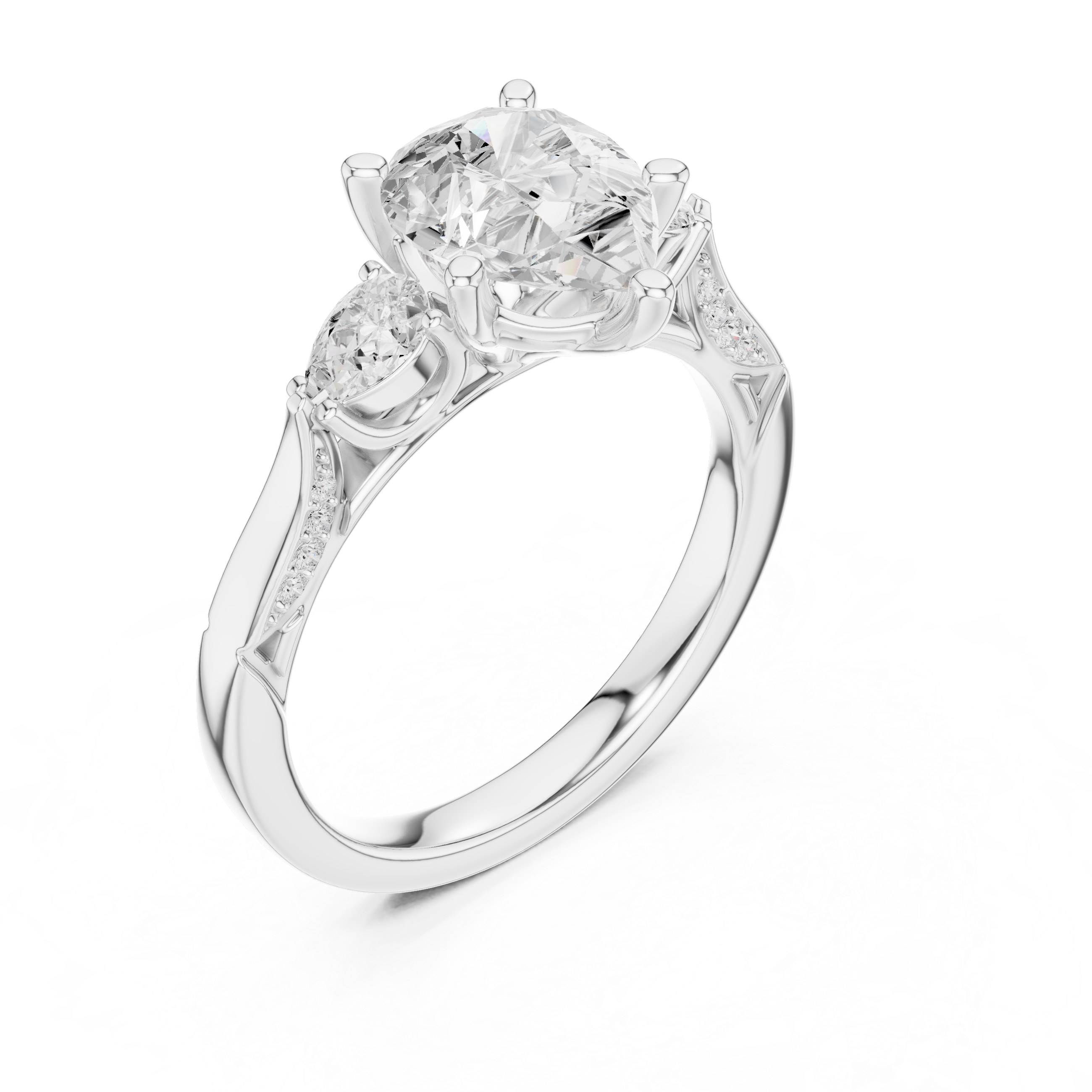 Pear Cut Three Stone Engagement Ring with Pear Side Diamonds and Vintage Milgrain Gallery