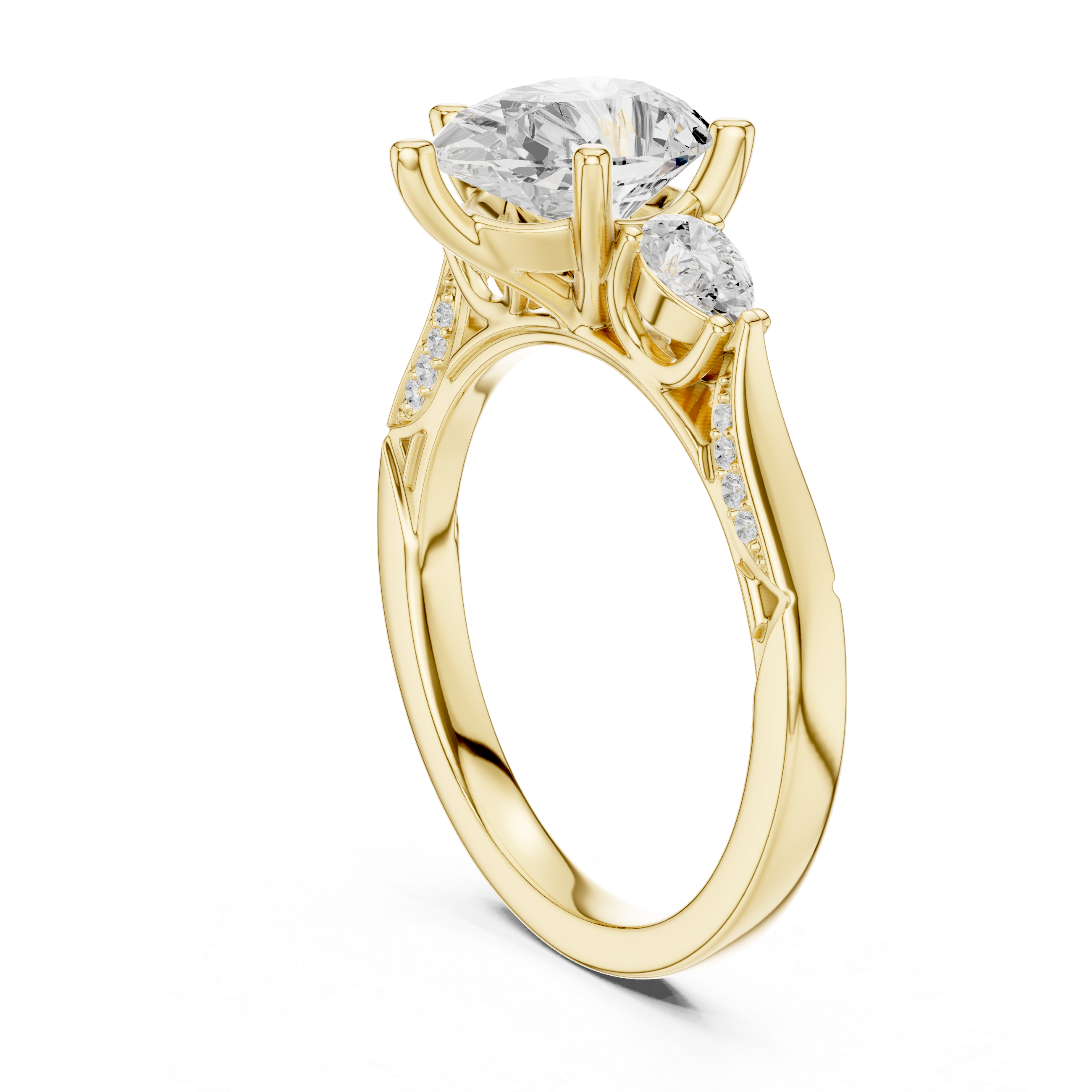 Pear Cut Three Stone Engagement Ring with Pear Side Diamonds and Vintage Milgrain Gallery