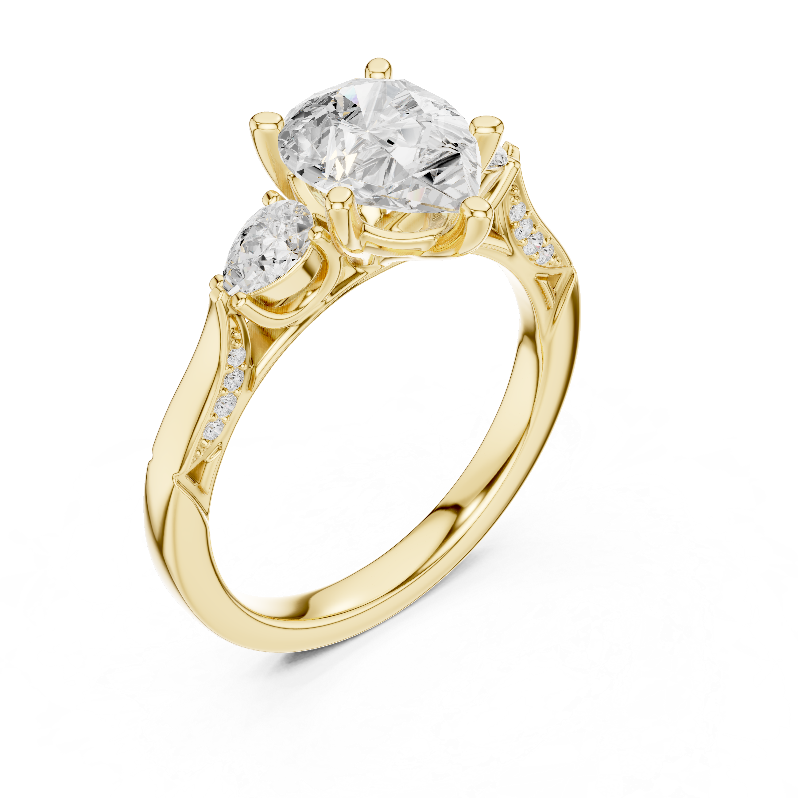 Pear Cut Three Stone Engagement Ring with Pear Side Diamonds and Vintage Milgrain Gallery
